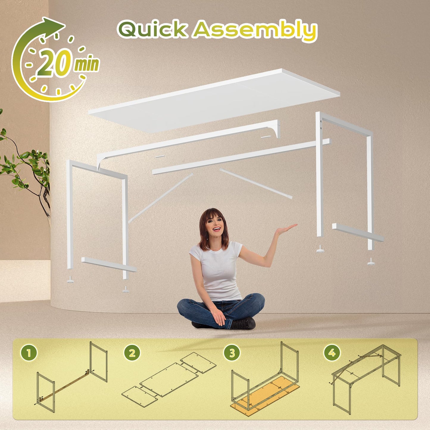 PRAISUN 47 Inch Computer Desk, Home Office Desk with Spacious Desktop, Modern Gaming Desk, Writing Study Table for Bedroom, Small Spaces, Work from Home Desk with Metal Frame, White