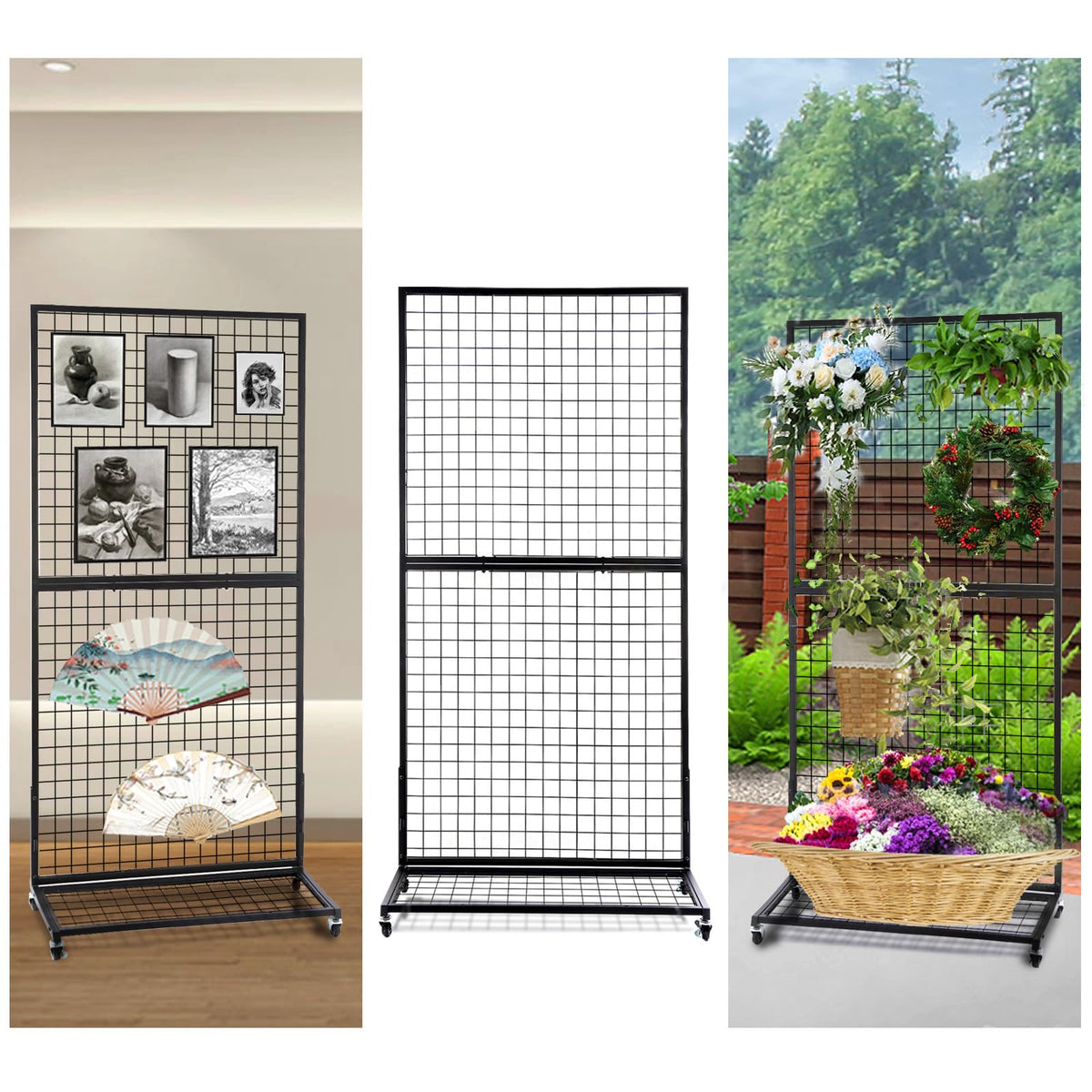 NectaCol Grid Wall Panels, 2 Packs 3'x 6' Gridwall Display Stand with a Base Plate, Black Wire Grid Wall Display Rack, Craft Show Display Grid,Retail Display Stand