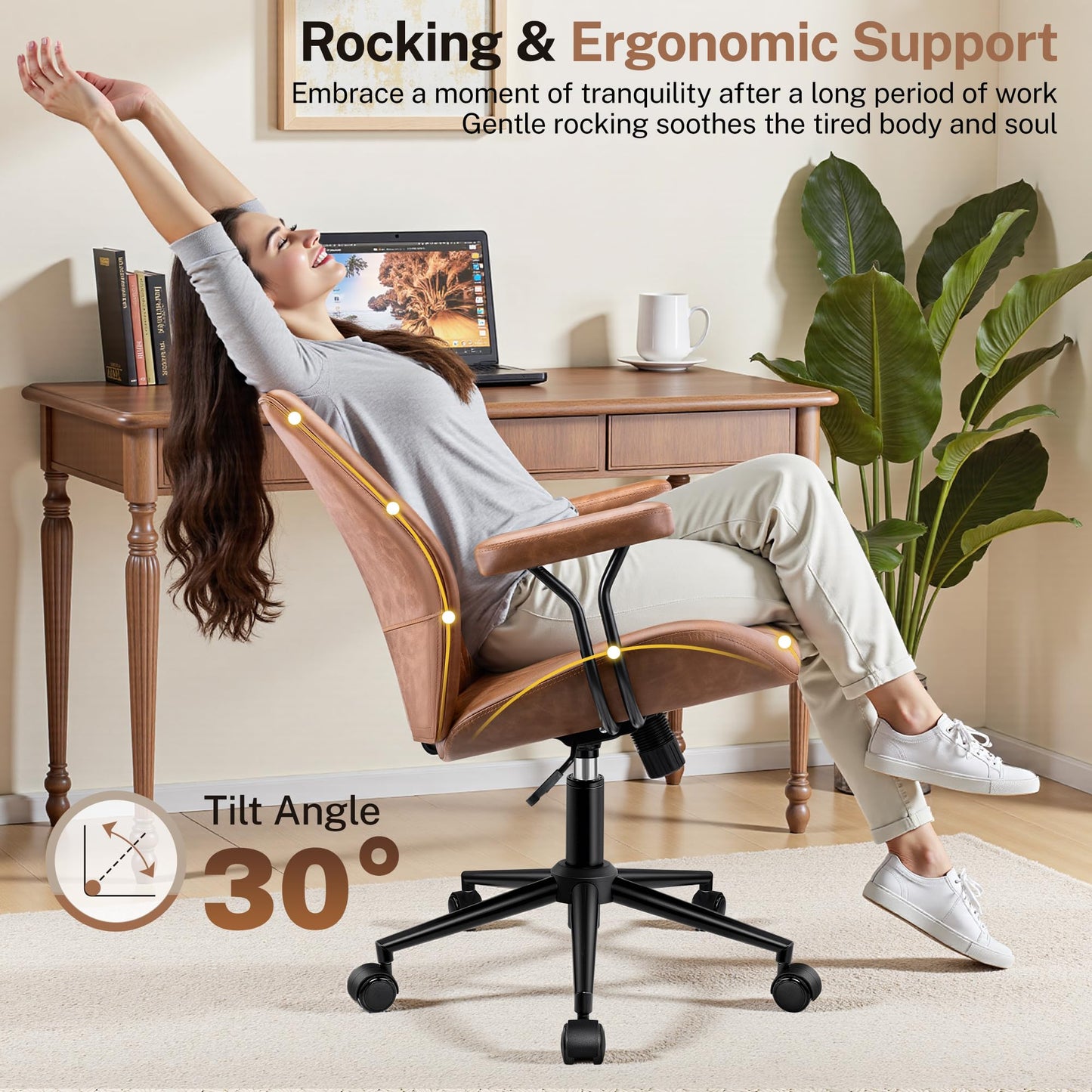 HeroSet Leather Office Chair with Removable Armrests, Mid Back Ergonomic Desk Chair with Lumbar Support, Adjustable Height Rocking Swivel Executive Chair for Home Office, Brown