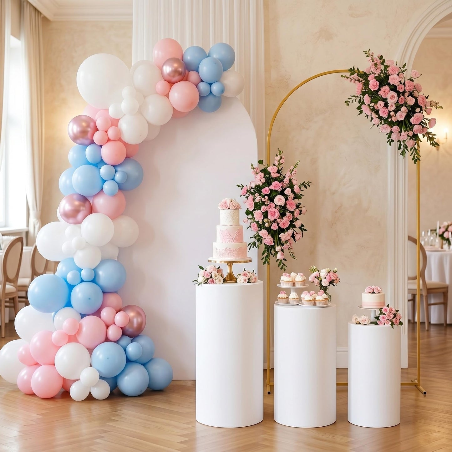ArtSocket White Cylinder Pedestal Stand Covers Set of 3, 7.2FT Arch Backdrop Stand and White Arch Cover Set, Elastic Spandex Cloth Plinth Pillar Cover for Wedding Birthday Parties Event Decor Props