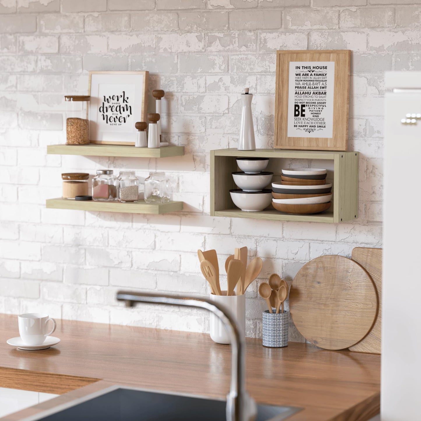 RICHER HOUSE Floating Shelves Set of 3, Modern Bathroom Shelves Wall Mounted with Invisible Brackets Over Toilet, Rustic Wall Shelves for Bathroom Bedroom, Living Room, Kitchen - Light Brown