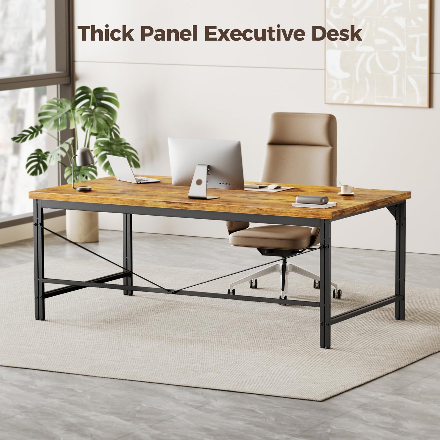 Mericonia 40 Inch Computer Desk, 1" Thick Modern Simple Study Writing Table, Heavy Duty Industrial Office Desk for Home Bedroom Workstation, Dark Brown
