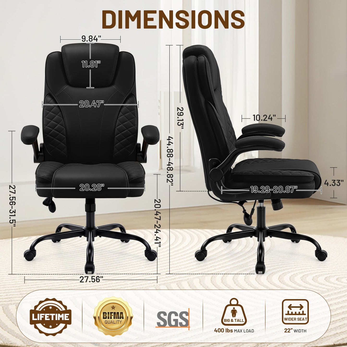 Hayelf Ergonomic Office Chair, PU Leather High Back Executive Chair with Adjustable Inflatable Lumbar Support and Padded Flip-Up Arms, Recline Swivel Task Computer Chair for Home Office, Black