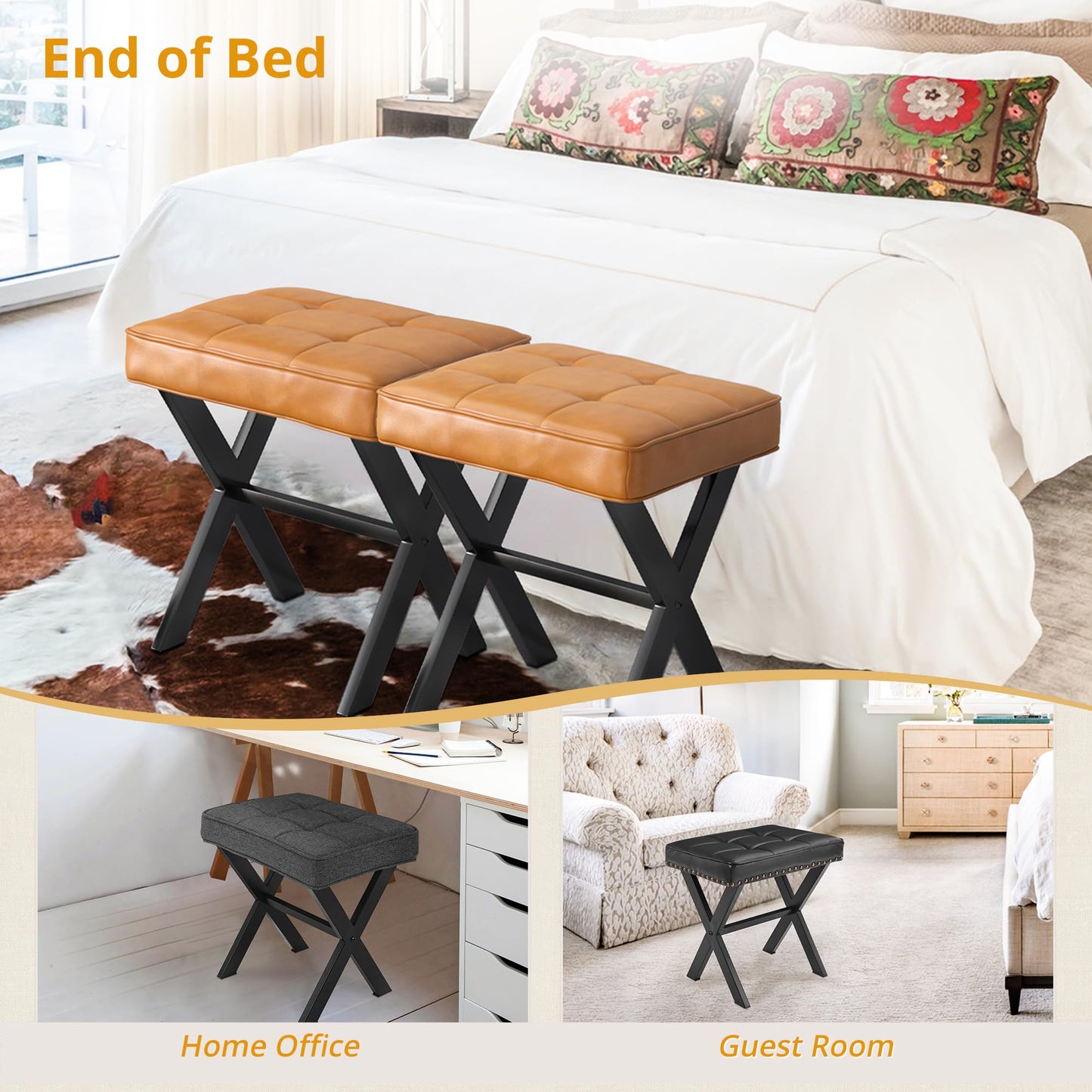LUE BONA Vanity Stool, Faux Leather X-Leg Foot Stool, Small Ottoman Makeup Stool Chair for Vanity, Modern Padded Foot Rest Vanity Seat for Makeup Room, Bathroom, Whiskey Brown