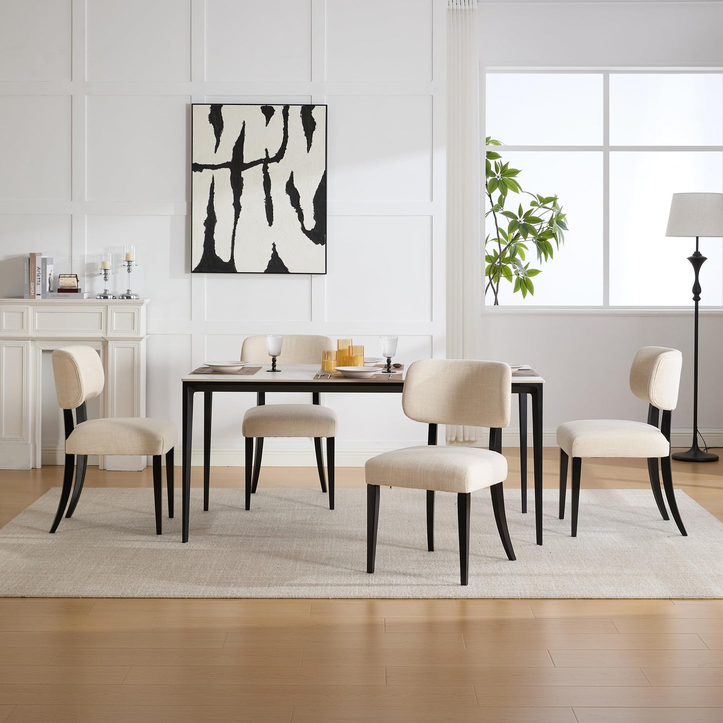 Wood Upholstered Dining Chairs Set of 2, Modern Linen Fabric Accent Side Seating with Padded Backrest, Armless Farmhouse Kitchen Room Furniture for Breakfast Nook Apartment Restaurant (Beige)