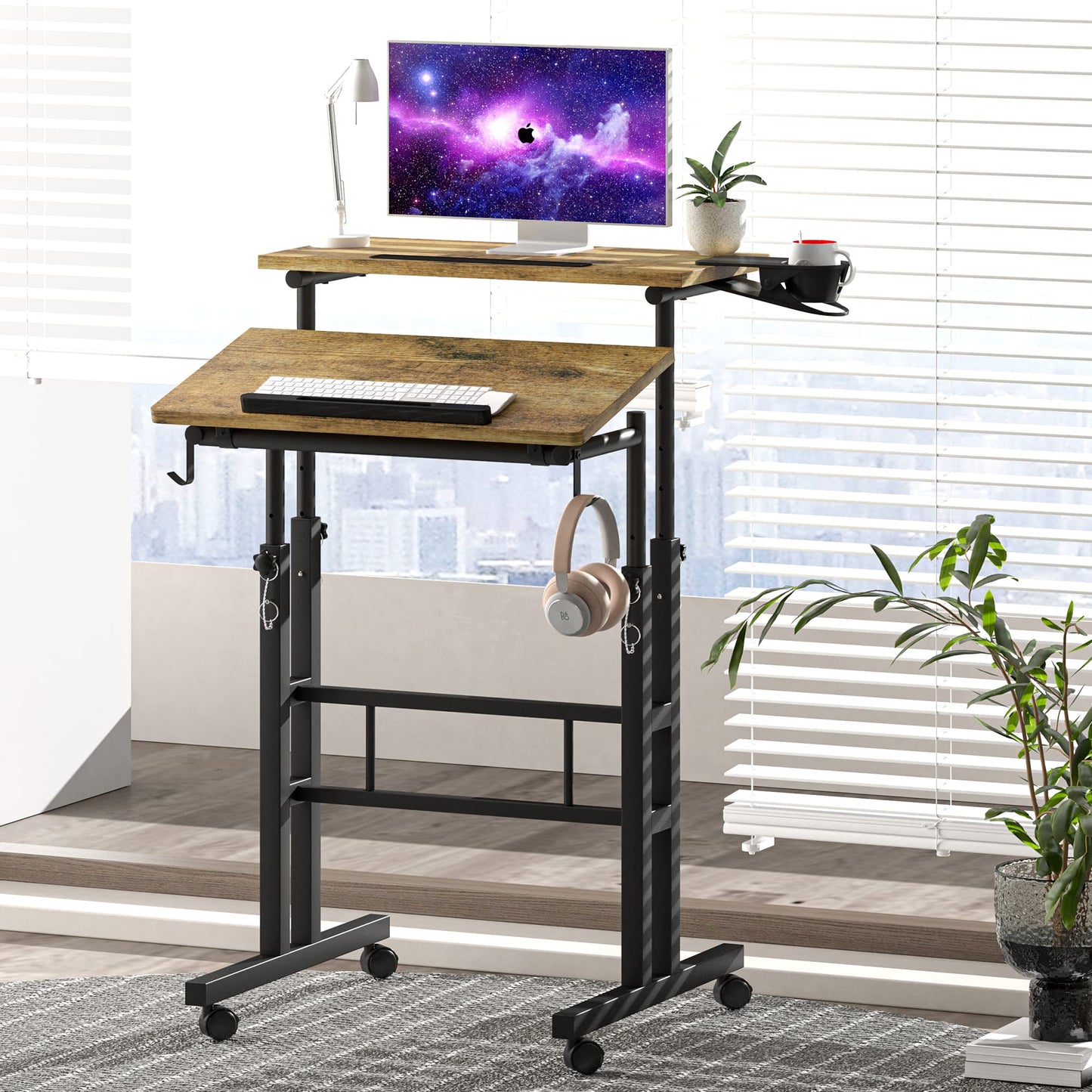 Klvied Small Standing Desk with Cup Holder, Height Adjustable Mobile Laptop Stand on Wheels, Ergonomic Rolling Computer Workstation for Home Office, Portable Overbed Table for Couch & Bed, Oak