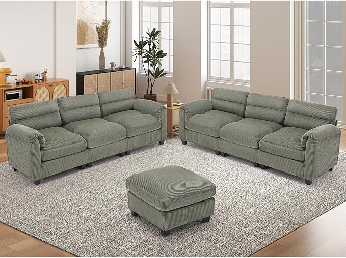 HAOMARKETS Corduroy Sofa Set, Upholstered Ottoman, Modern Loveseat and 3-Seater
