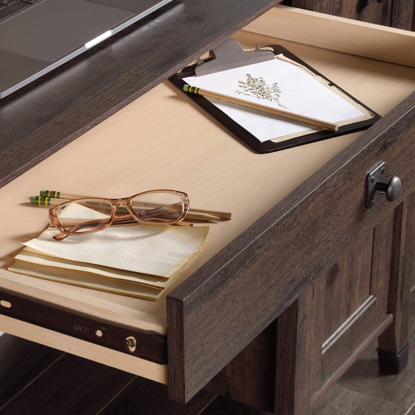 Sauder Carson Forge Rustic Vintage Computer Desk with Drawers Storage, in Coffee Oak finish