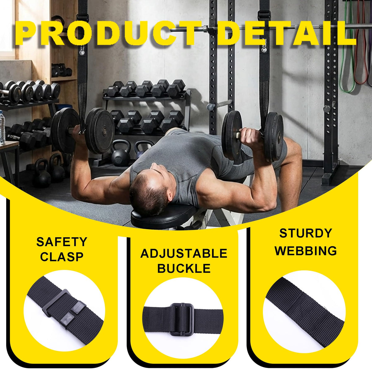 Dumbbell Spotter Straps with Safety Locking Buckle, Adjustable Height Hanging Straps for Chest Bench Press, Heavy Duty Barbell Rack Attachment for Home Gym Solo Training, Prevents Accidental Drops