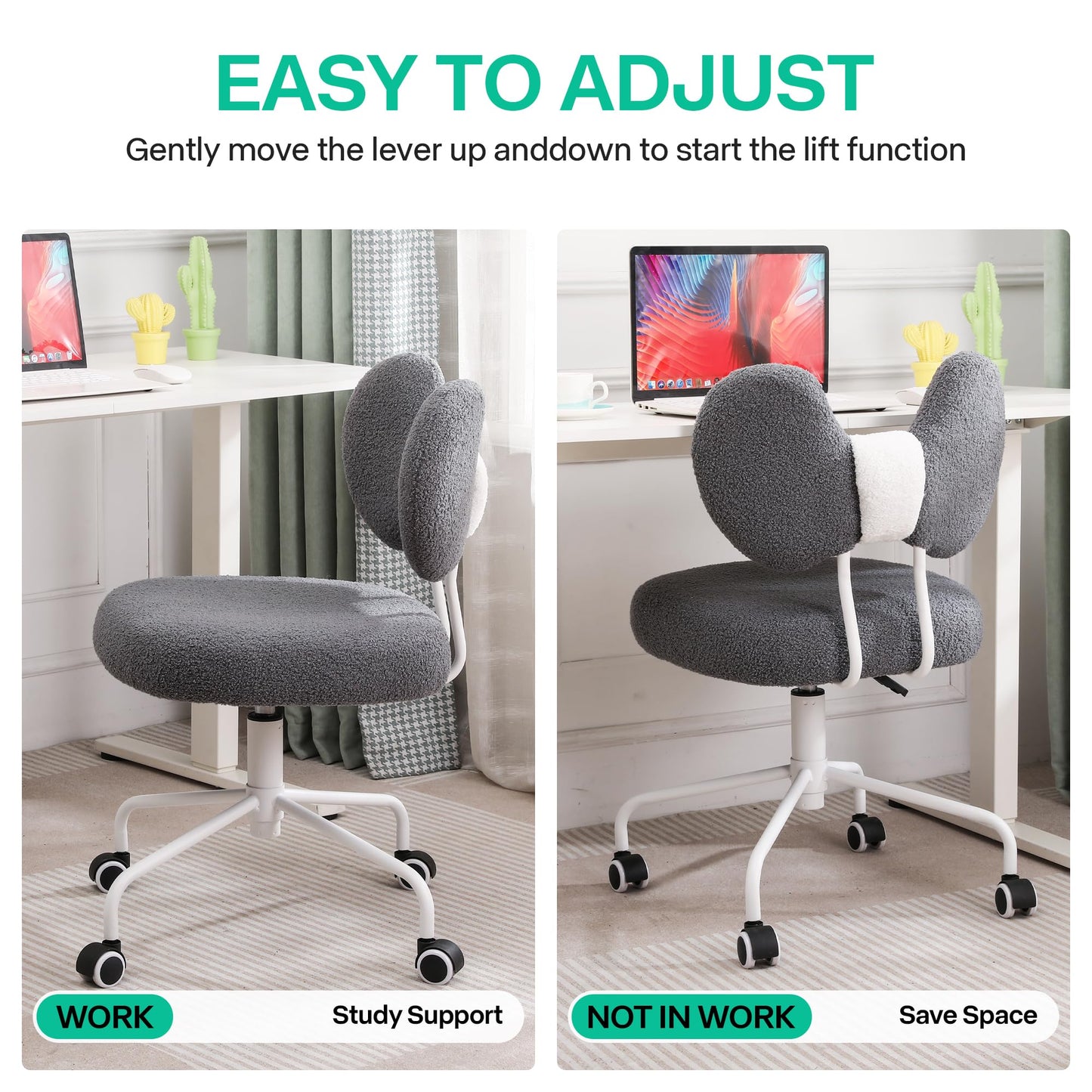 Shiepu Cute Desk Chair with Back,Comfy Small Office Chair with Wheels, Armless Adjustable Rolling Swivel Computer Chair for Home Office,Make-up Room,Bedroom,Vanity Chair for Girls,Teddy Velve,Grey
