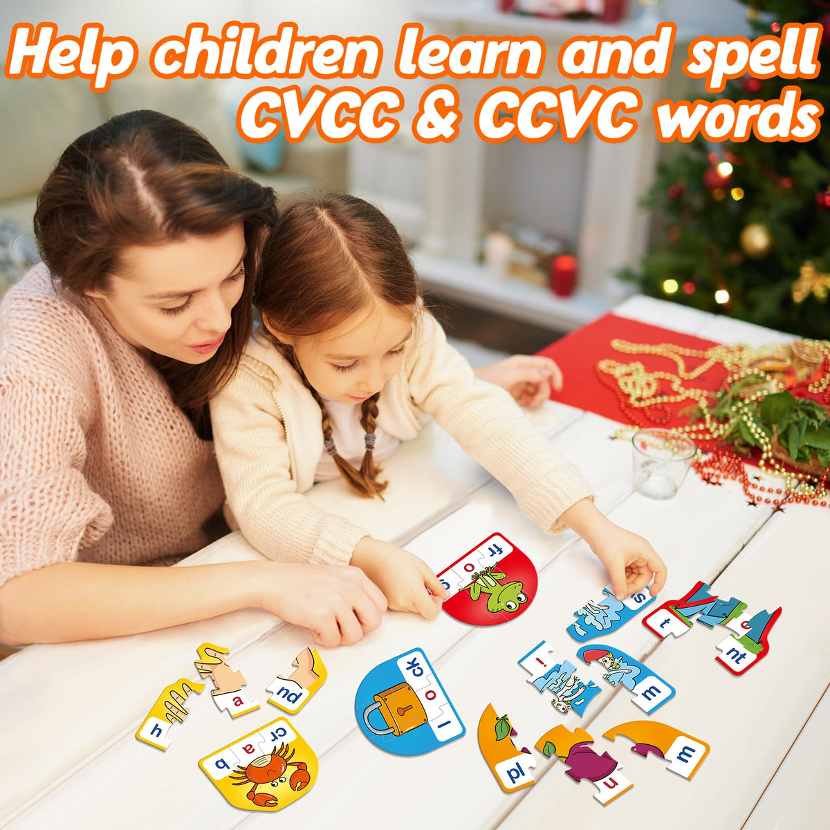 Kasfalci CVCC & CCVC Puzzle Cards for Kids - Word & Phonics Games, Speech Therapy Toys for Toddlers, 4 Alphabet Letter Word Puzzles, Learning Spelling Games