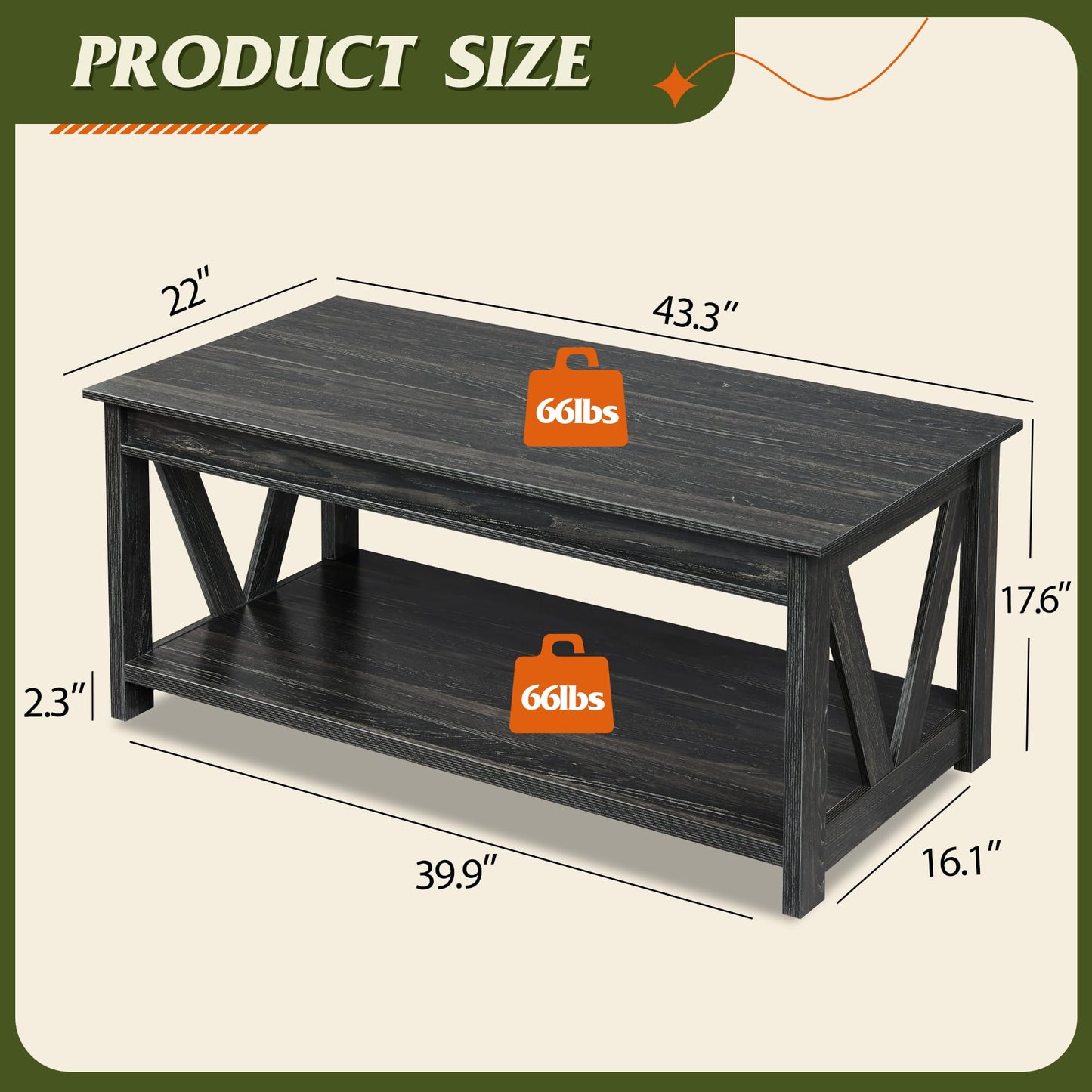 WLIVE Coffee Table, 43" Farmhouse Coffee Table with Storage Shelf & Sturdy V-Shaped Support, Wood Center Table for Living Room, Bedroom, Office and Balcony, Black