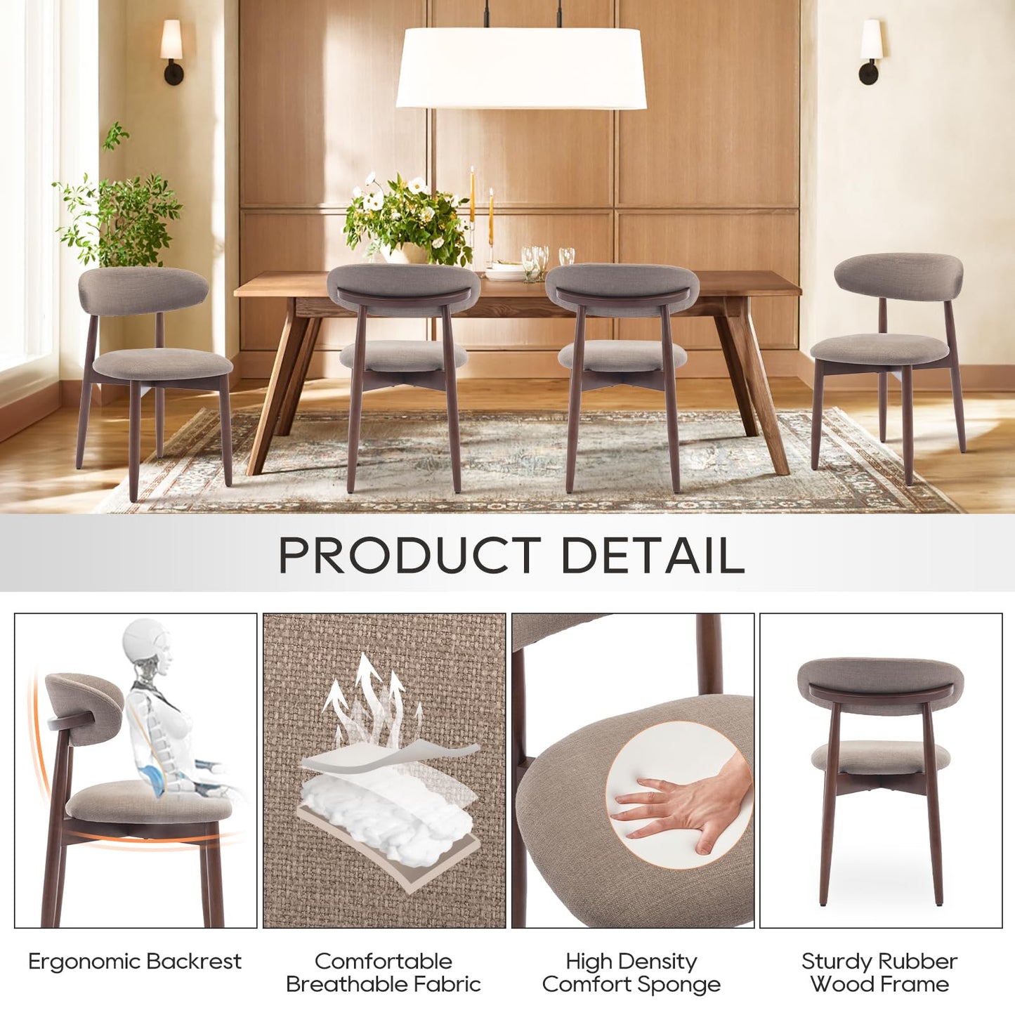 COLAMY Wooden Dining Chairs Set of 4, Modern Fabric Upholstered Dining Room Chair, Farmhouse Kitchen Chairs with Foot Pegs, Camel