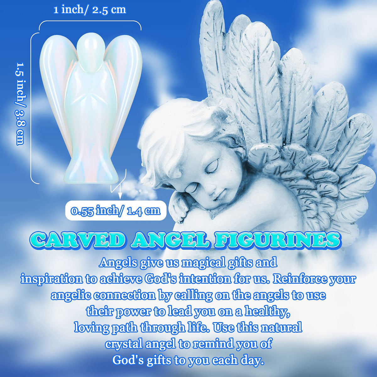 Hicarer 6 Pcs Small Crystal Angel Figurines Mini Guardian Statue Natural Gemstone Carved Pocket Crystal Figurines Stones Decor Gift Love Peace Healing(1.5 Inch,Bright Color)