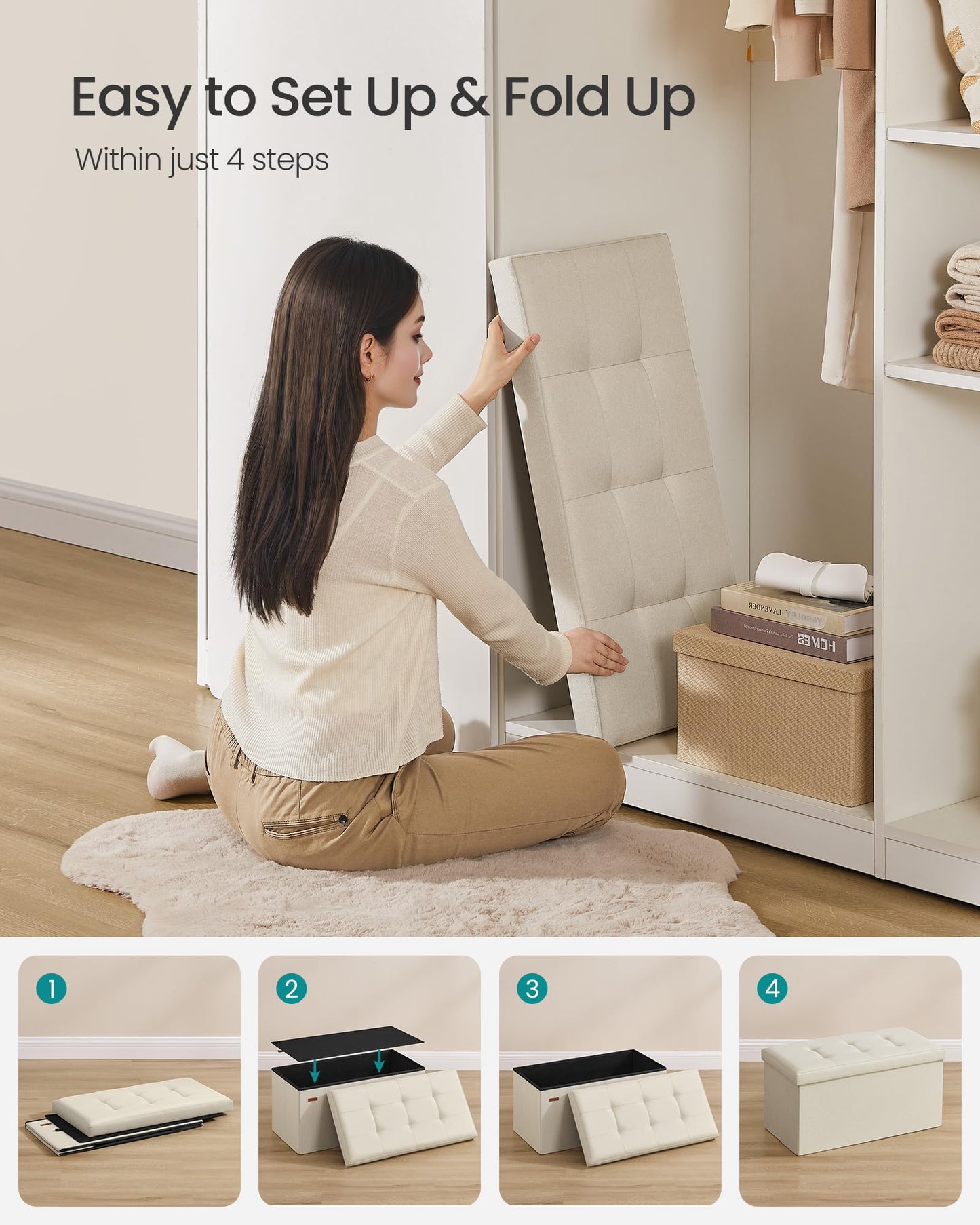SONGMICS MAZIE Collection - 30 Inches Folding Storage Ottoman Bench, Ottoman Foot Rest, End of Bed Bench, Storage Chest, Load 660 lb, for Living Room, Bedroom, Entryway, Cream White ULSF47BE