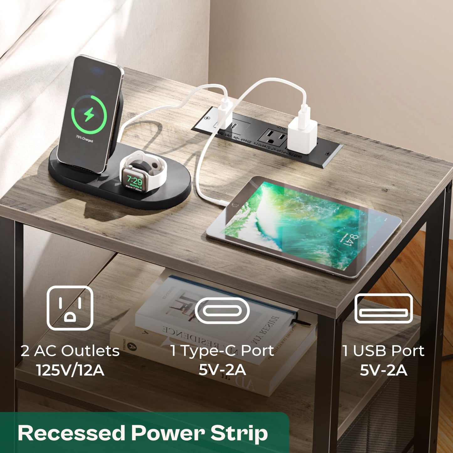 Huuger Nightstand with Charging Station, Fabric Drawers, End Table with Open Shelf, Bedside Table with USB Ports and Outlets, Night Stand for Bedroom, Oak