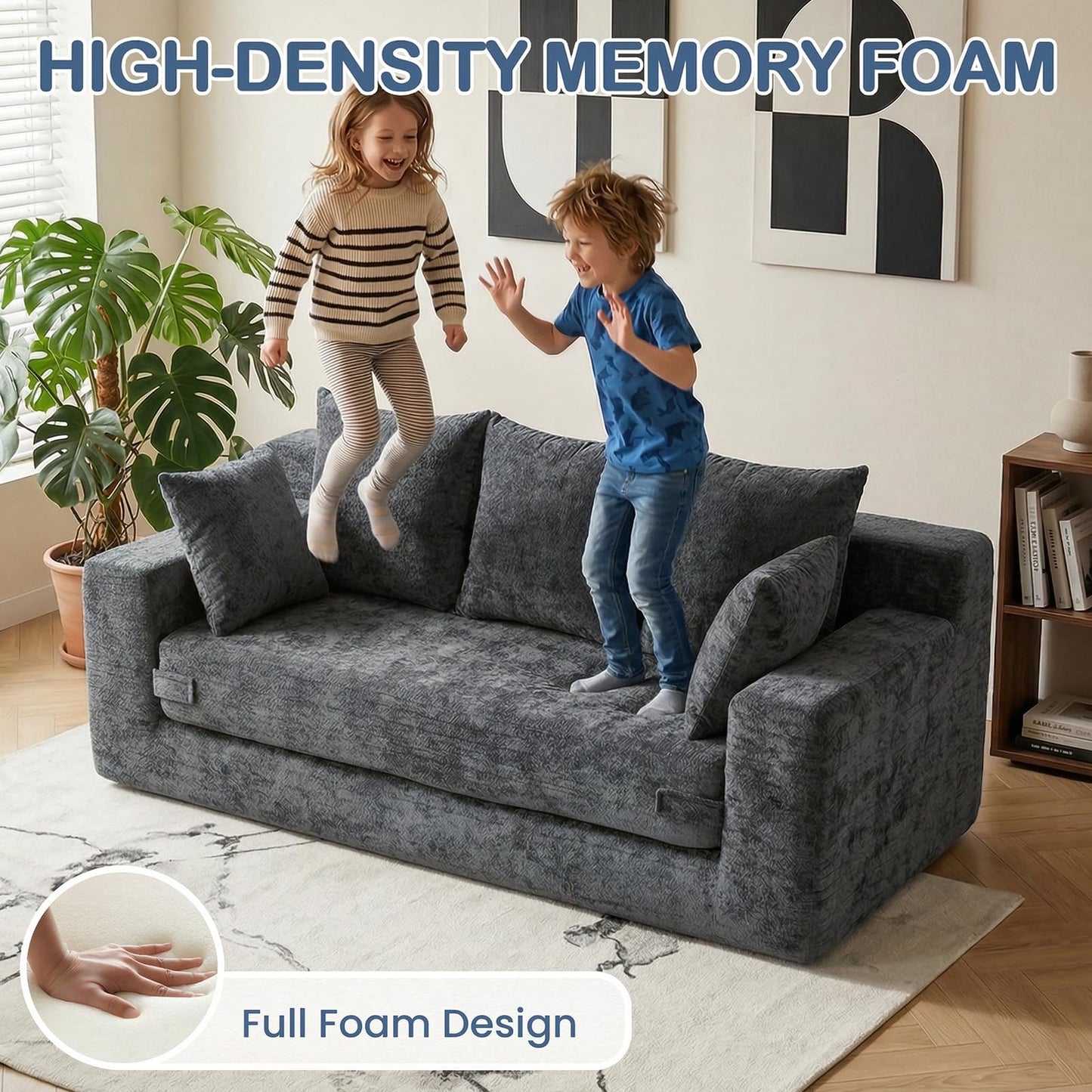 Winzoo Boneless Couches 70", 3 Seater Boneless Couch with Pull Out Sofa Bed, Gray Boneless Couch with 5 Pillows, Plush Velvet Sofa for Living Room & Bedroom