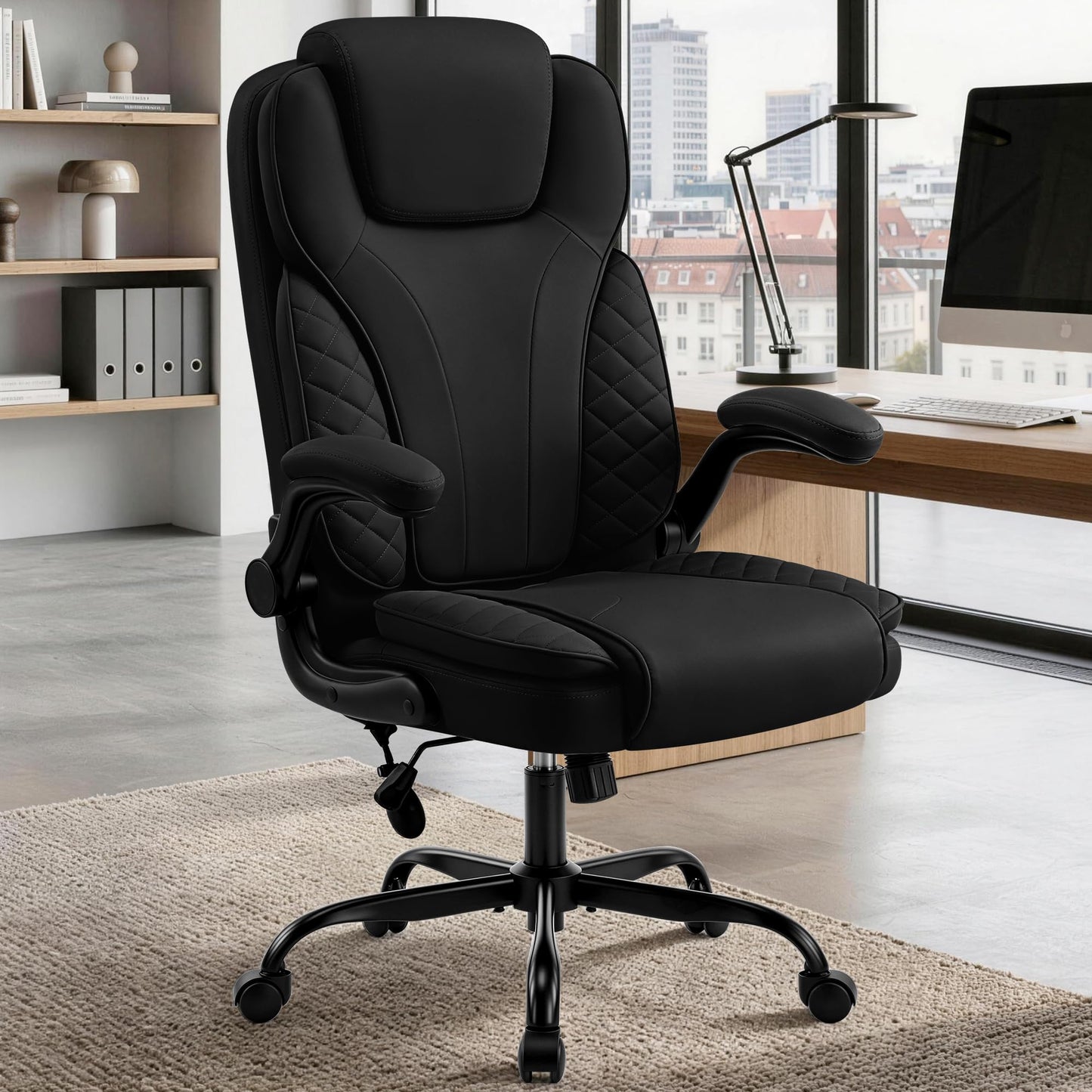 Hayelf Ergonomic Office Chair, PU Leather High Back Executive Chair with Adjustable Inflatable Lumbar Support and Padded Flip-Up Arms, Recline Swivel Task Computer Chair for Home Office, Black