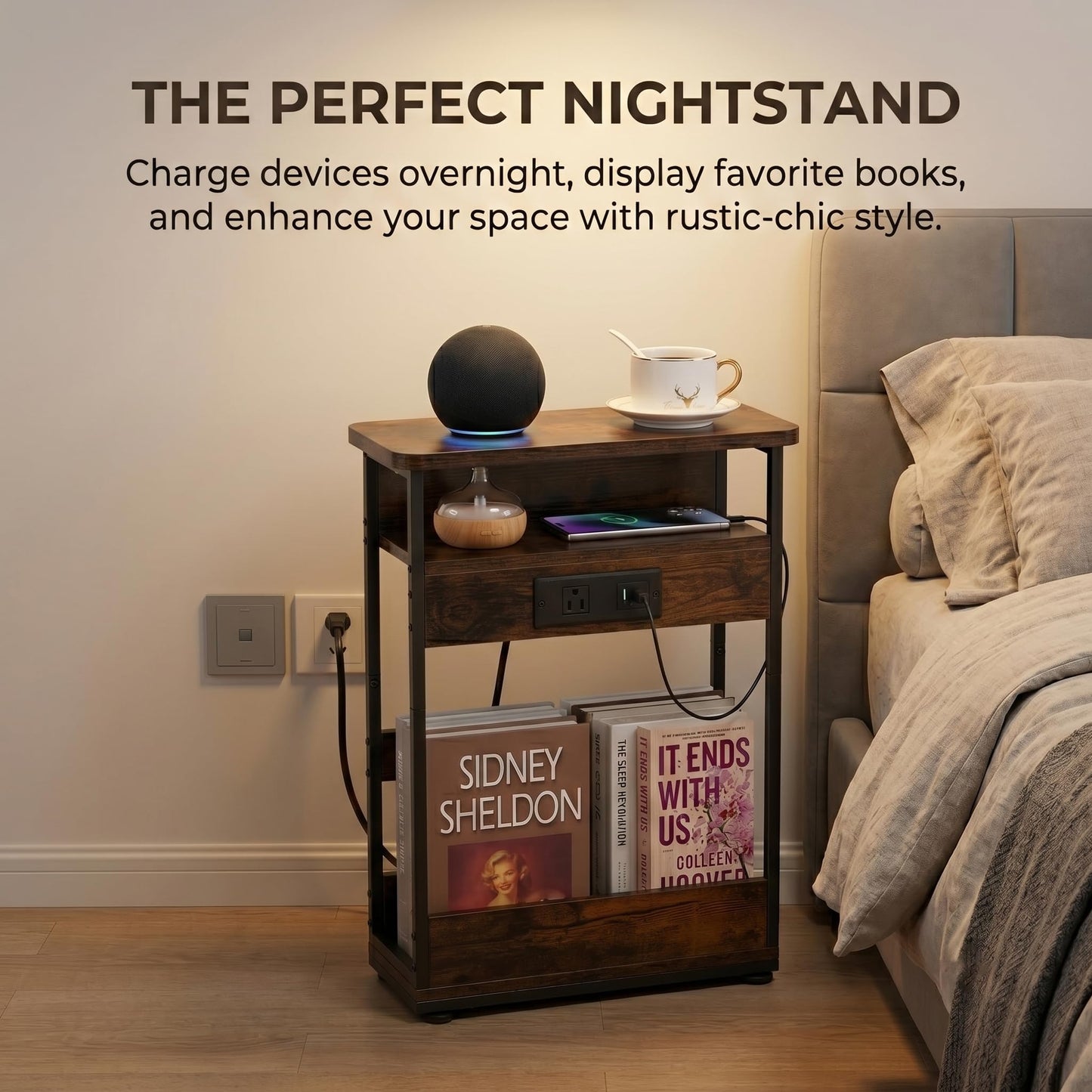 Narrow Side Table With Charging Station, 3-Tier End Table with 2 USB Ports & Power Outlets,Thin Sofa Side Table for Narrow and Small Spaces, Bedside Table Nightstand for Living Room,Rustic Brown
