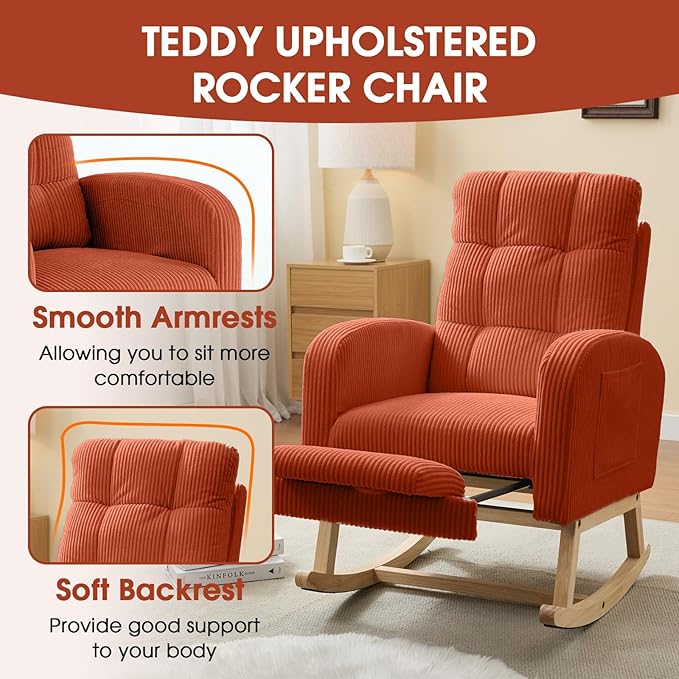 NIOIIKIT Nursery Rocking Chair, Corduroy Upholstered Rocking Chair