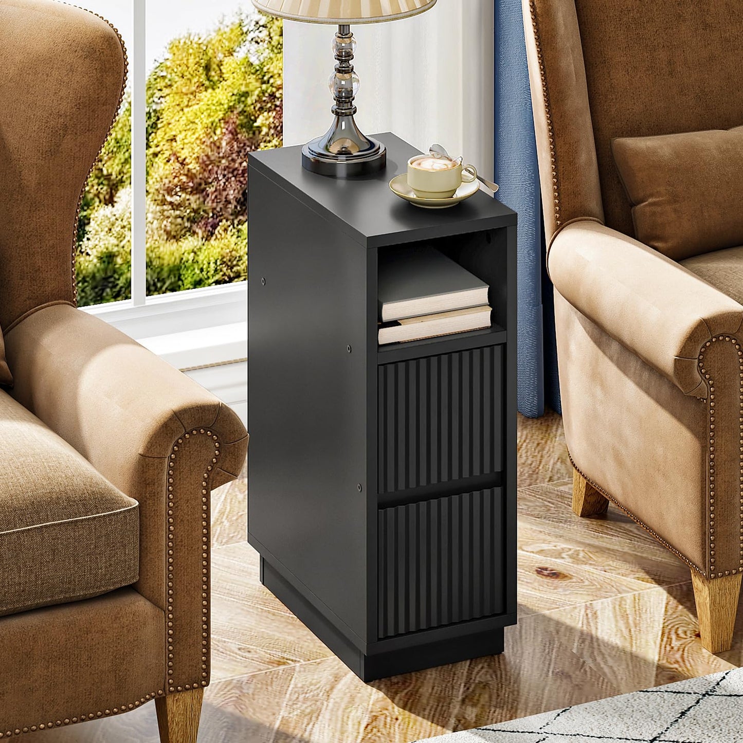 CHOEZON 8.7" Narrow Fluted Nightstand, Small Bedside Table with Drawers, Skinny Side Table, Modern Nightstand with 1 Semi-Open Shelf, Floating End Table, for Living Room, Bedroom, Black MBZ12BB