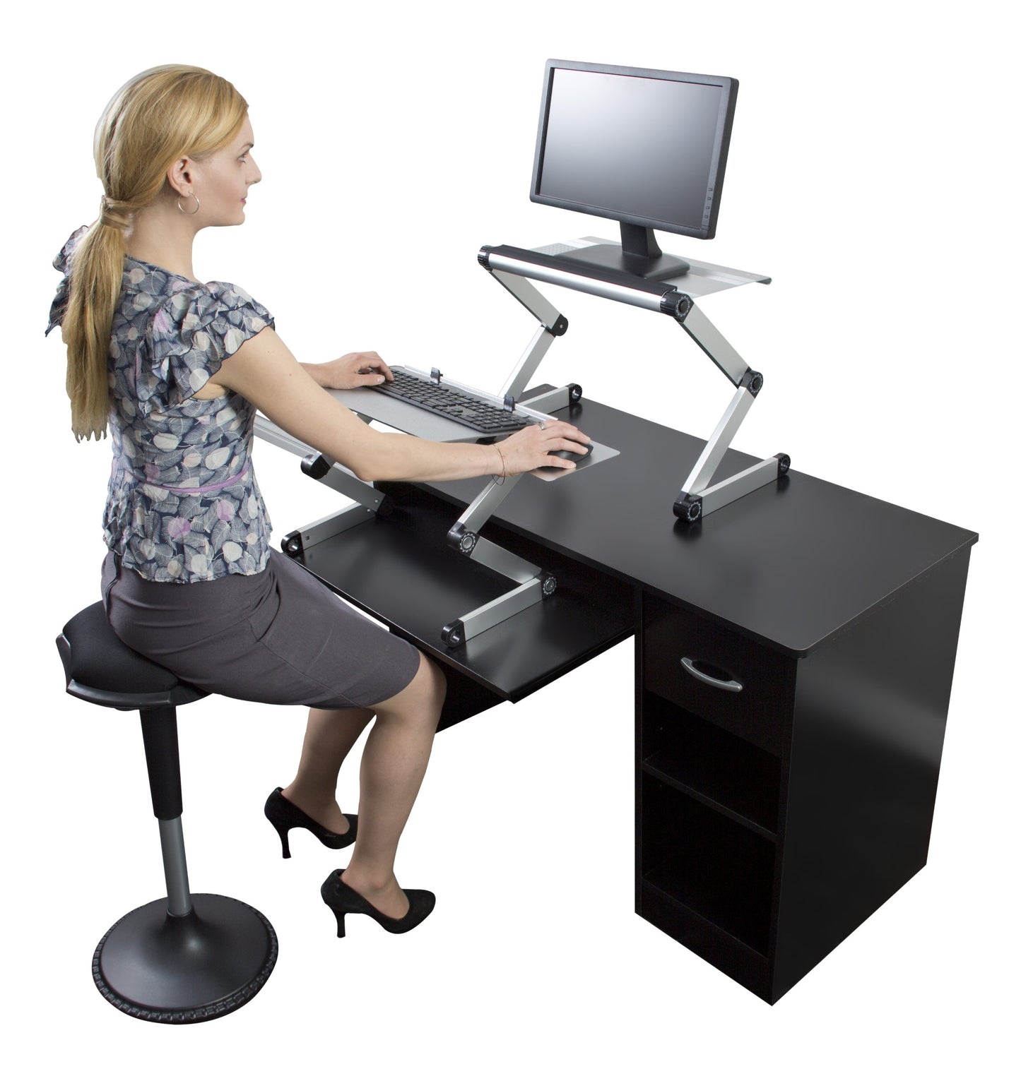 WorkEZ Adjustable Standing Desk Converter, Sit to Stand Desk Riser, Standing Desk for Laptop Monitor, Adjustable Height & Angle Negative Tilt, Silver