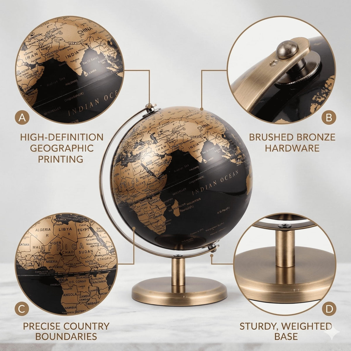 JOINPAYA 6 Inch Small World Globe with Antique Bronze Stand Black Gold Earth Desktop Decor for Kids & Adults Geography Learning Globe for Home Office Classroom