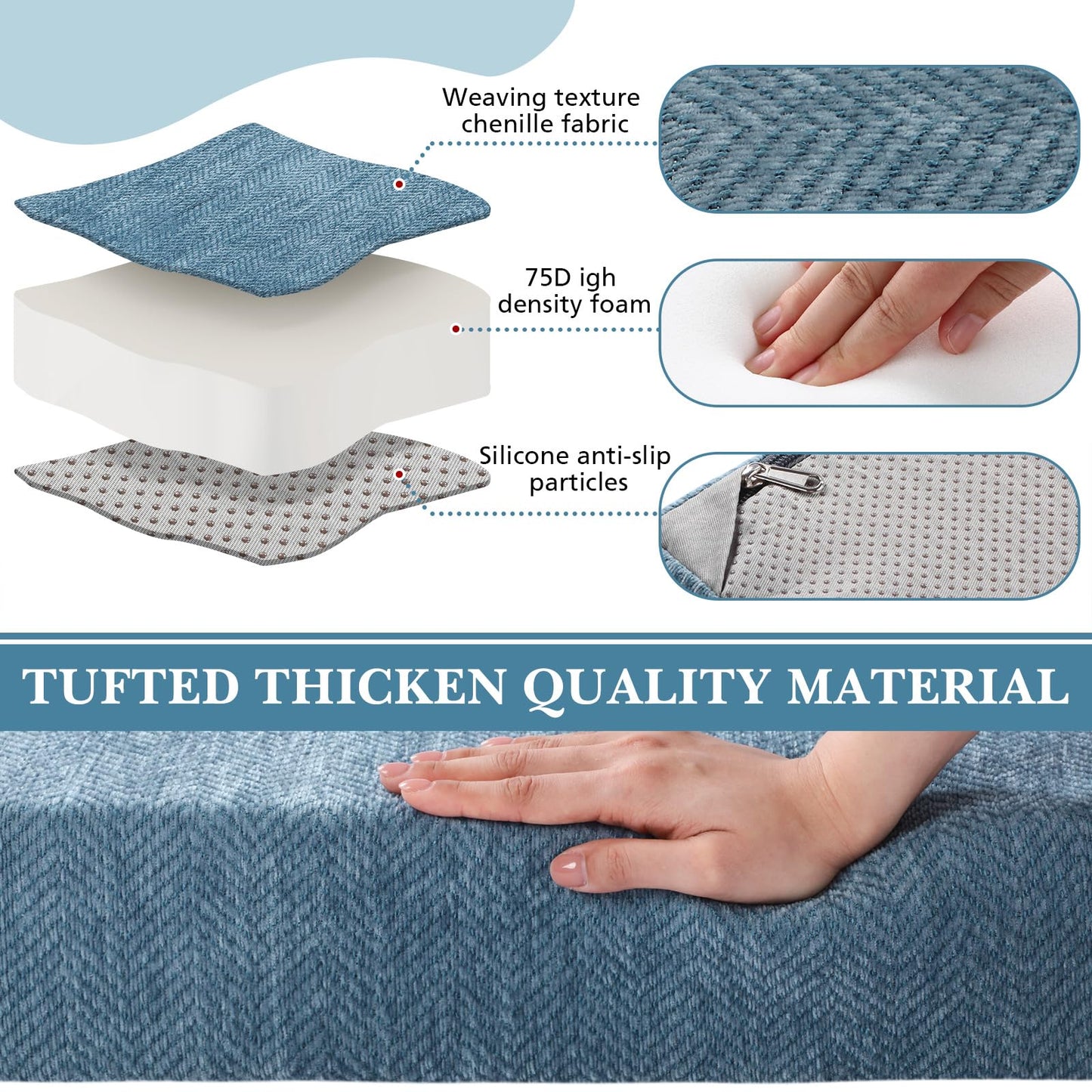 Leinuosen Bench Cushion 42x16x4 Inch for Indoor Furniture Weaving Texture Chenille Kitchen Bay Window Non Slip Seat Cushion Tufted Thicken Pad for Patio Porch, Mudroom Entryway (Haze Blue)