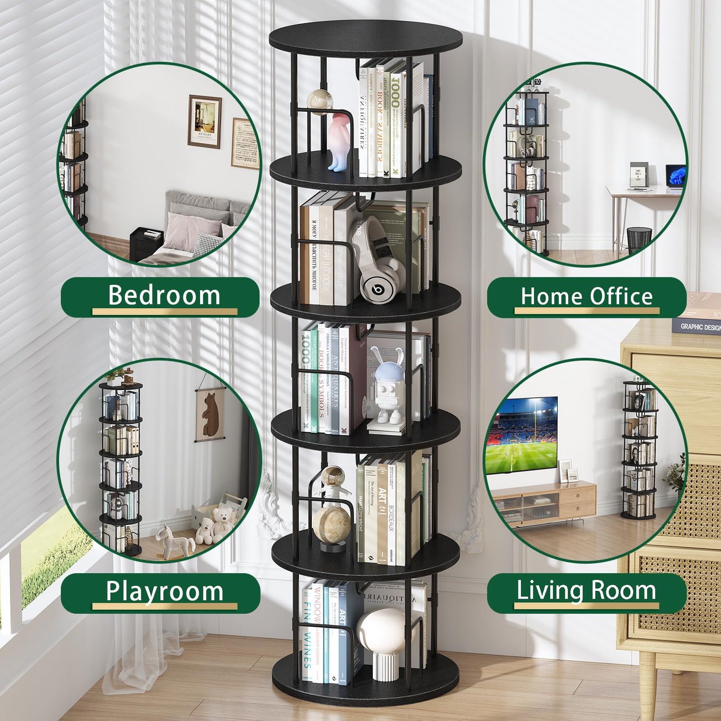 swlongbooks 5Tier Rotating Bookshelf, Spinning Bookshelf Tower,360 ° Display Space Saving Standing Round Swivel Bookcase Corner Storage Organizer for Bedroom Living Room Office，Black