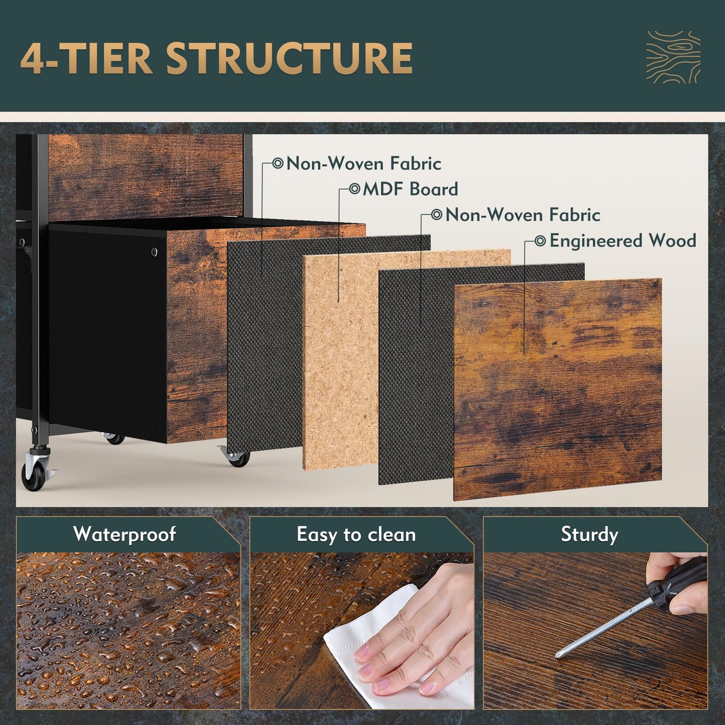 Vestibk 3 Drawers File Cabinet, Vertical Filing Cabinets for Home Office, Non-woven Fabric Drawer with Adjustable Hanging File Folders, A4/Letter Size, Open Shelf, Mobile Printer Stand, Rustic Brown