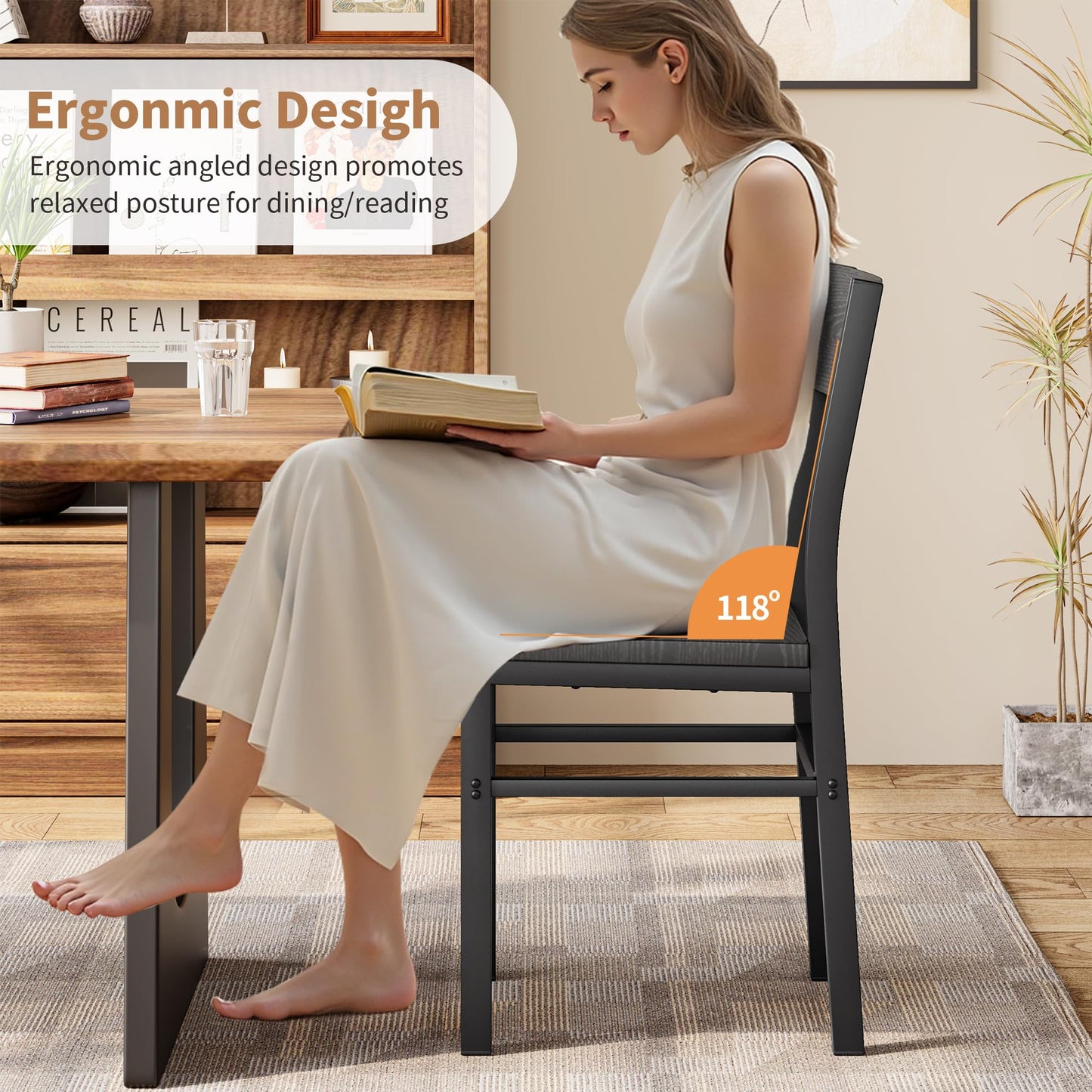 MECHYIN Dining Chairs Set of 4, Rustic Wood Dining Room Chairs with Thickened and Strengthened Metal Steel Frame & Slat Back, Modern Farmhouse Chair for Kitchen, Dining Room (4, Dark Black)