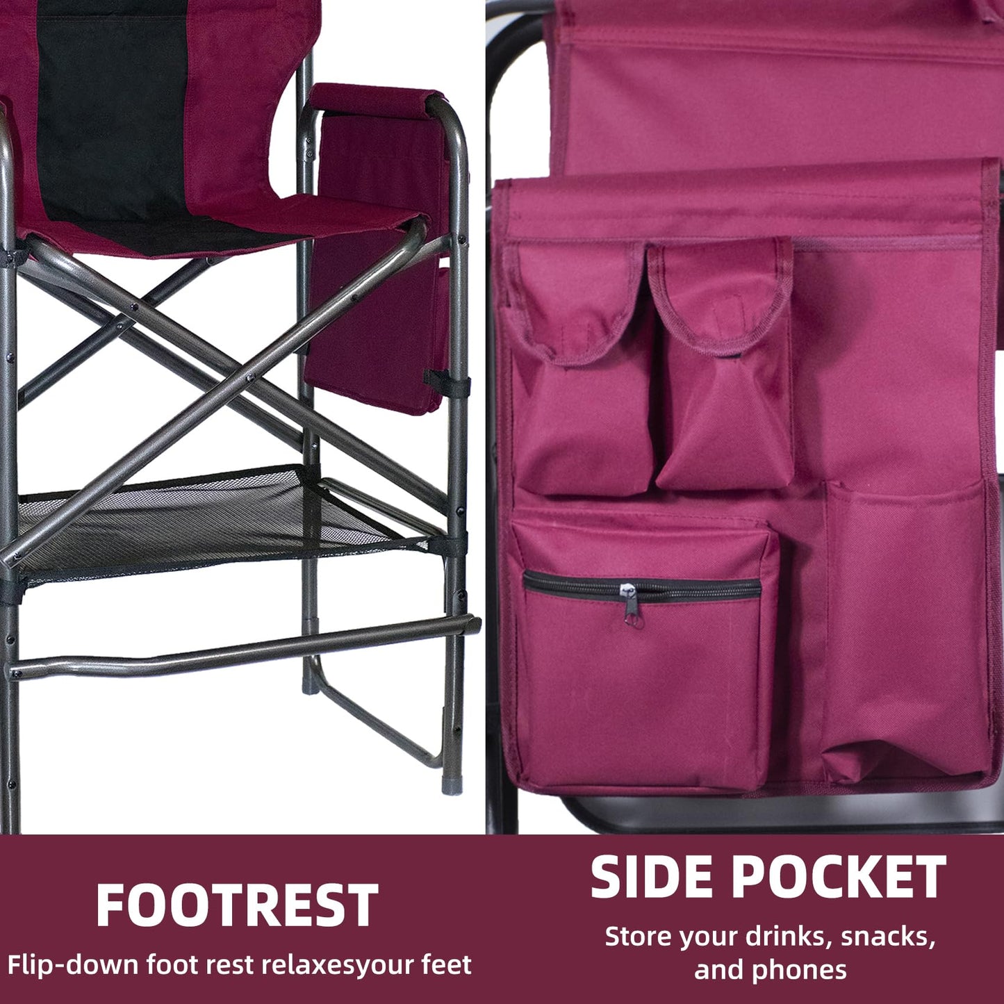 Foristrail 30" Tall Directors Chair with Side Table, 400LBS Bar Height Folding Camping Chair for Makeup Artists, Outdoor Events, Portable Foldable Chair with Cup Holder & footrest - Wine Red/Black