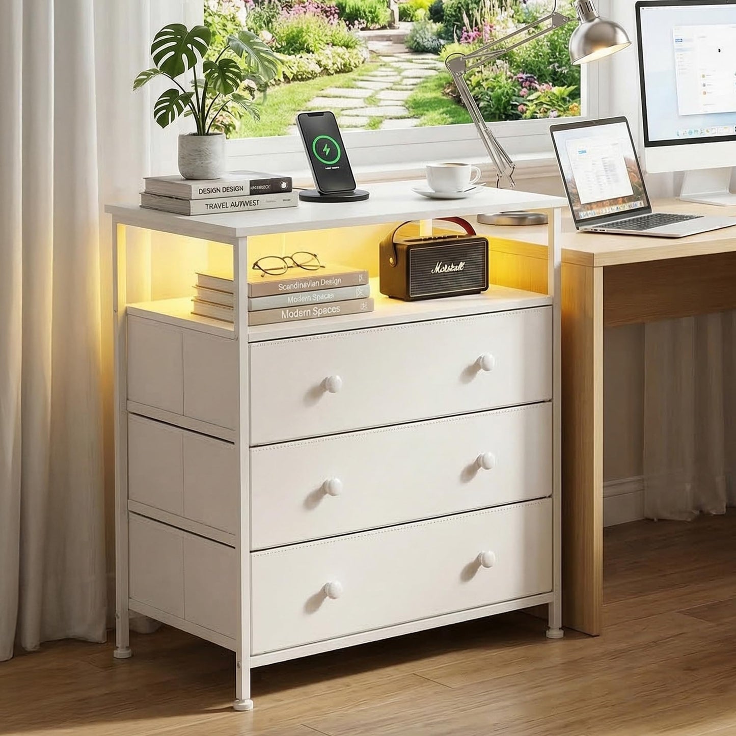 PATAVOT 3 Drawers Dresser with Charging Station, 24 Inch Wide LED Night Stand with Adjustable Fabric Drawer, Nightstand with Storage Shelf for Living Room/Bedroom/Office, White.
