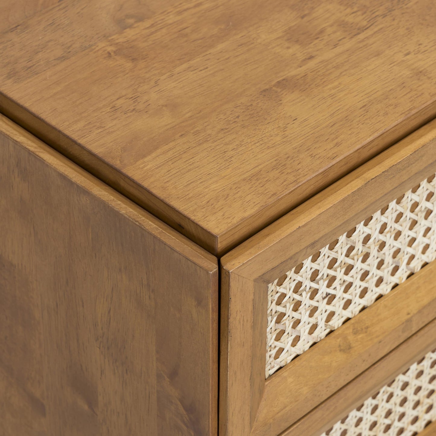 NTC Solid Oak Drawer Face Lulu Nightstand with Natural Rattan Drawer, Mid-Century Side Table for Bedroom, Bedside Furniture, End Table – Waterproof, Heat Resistant, Easy to Assemble, Teak Look