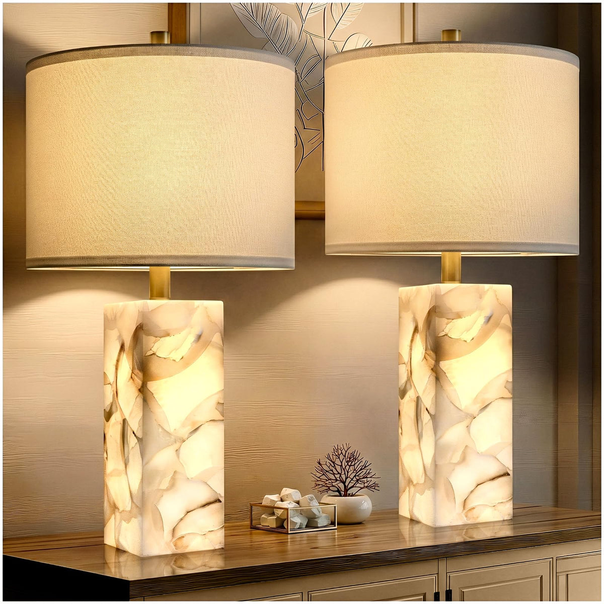 Scenekoy Alabaster Table Lamp Set of 2 with Night Light for Bedroom Living Room, 23" Rotary Switch Bedside Lamp with Linen Shade, Modern Nightstand Lamps for Room Office Dorm (Bulb Included)