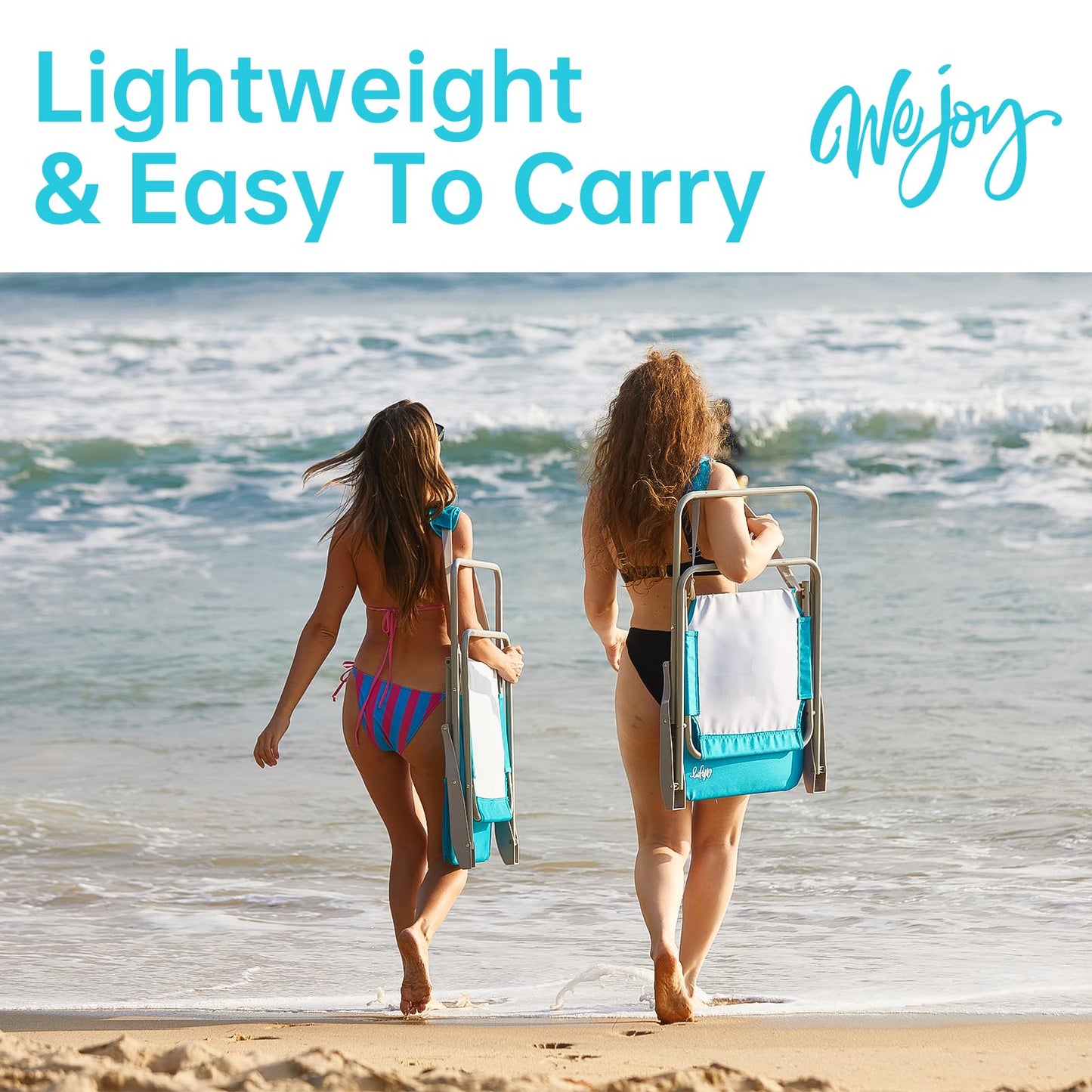 #WEJOY Tall Folding Beach Chair for Adults, Lightweight Beach Chair with Shoulder Straps, High Back Camping Chairs with Hard Armrest, Supports 300lbs for Outdoor Lawn Concert, 2 Pack (Cyan)