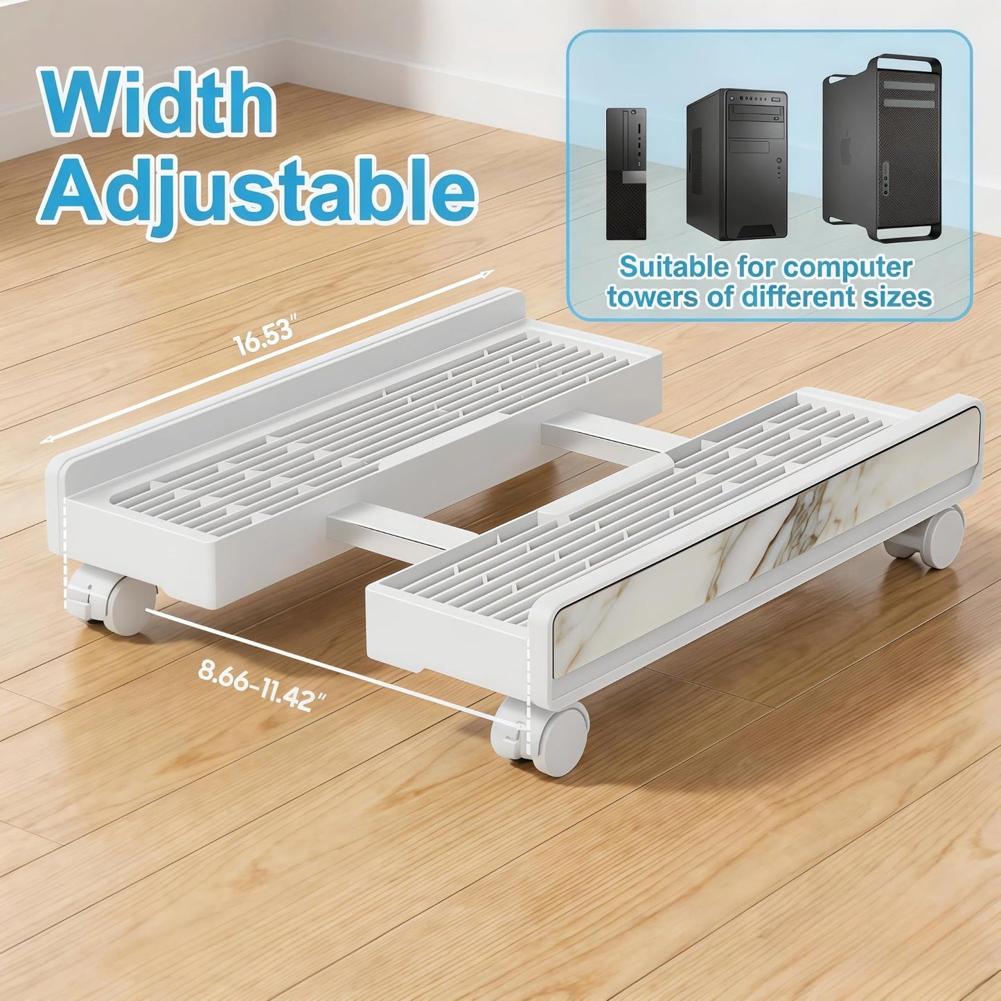 Adjustable Mobile Computer Tower Stand, Ventilated CPU Stand with Locking Caster Wheels, Fits Most Computer Towers, Under Desk Floor PC Cart, Universal PC Holder for Office, Students & Gamers (White)