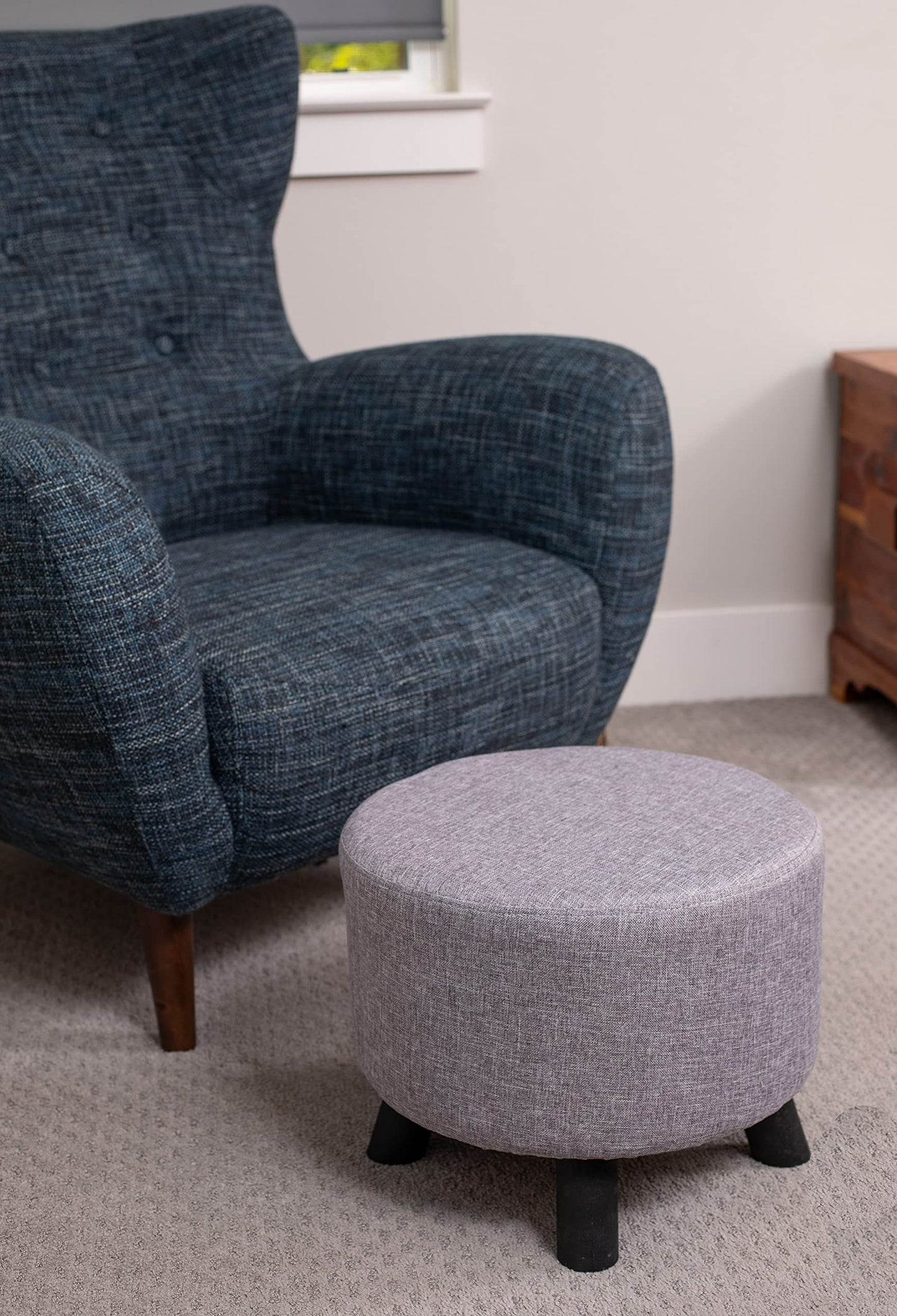 BIRDROCK HOME Grey Linen Foot Stool Ottoman – Soft Compact Round Padded Seat – Living Room and Bedroom – Black Wood Legs Upholstered Decorative Furniture Rest – Vanity Seat
