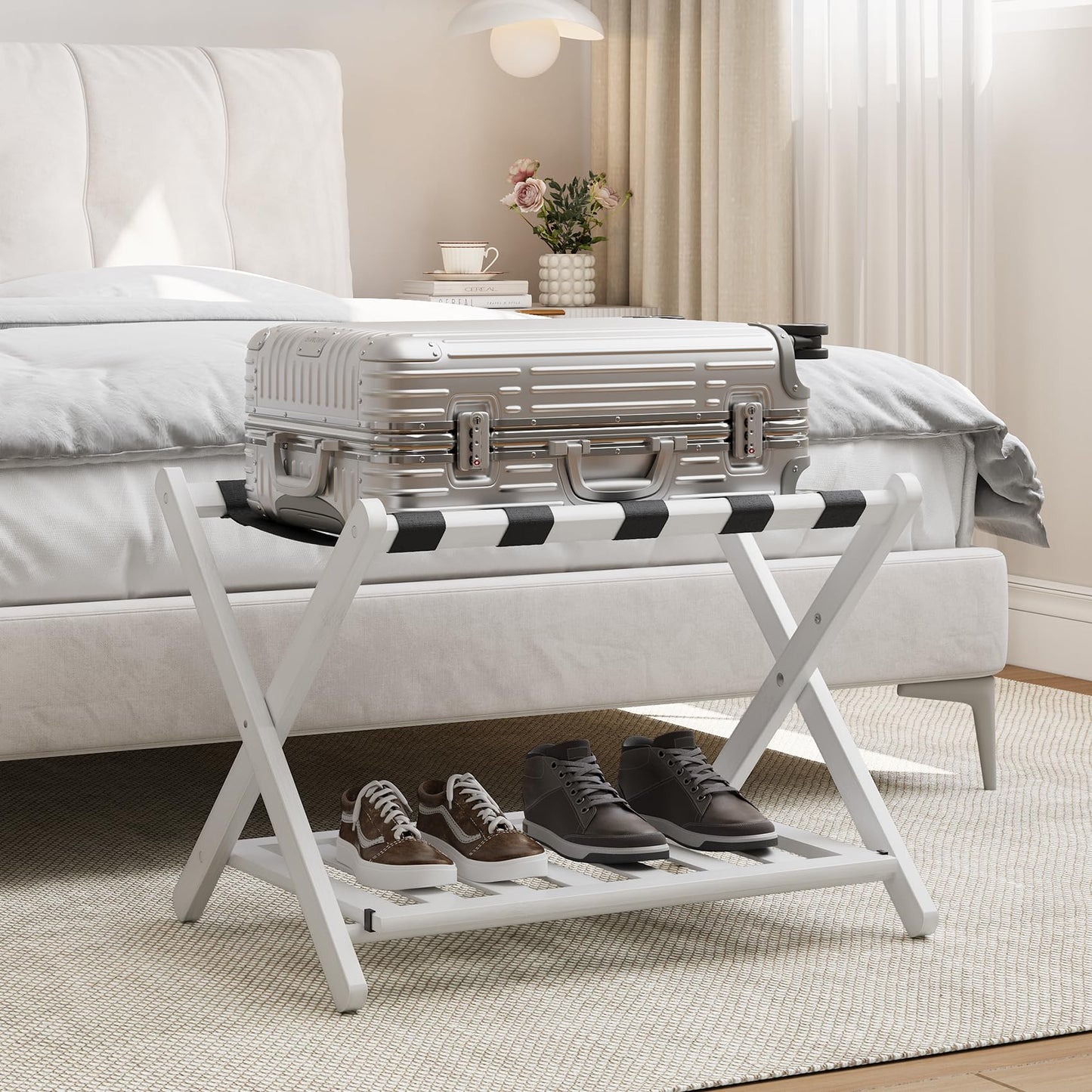 Smart FENDEE Fully Assembled White Bamboo Luggage Rack, 5 Straps Folding Suitcase Stand with Shoe Shelf, Heavy Duty Wood Large Luggage Holders for Guest Room, Bedroom, Hotel