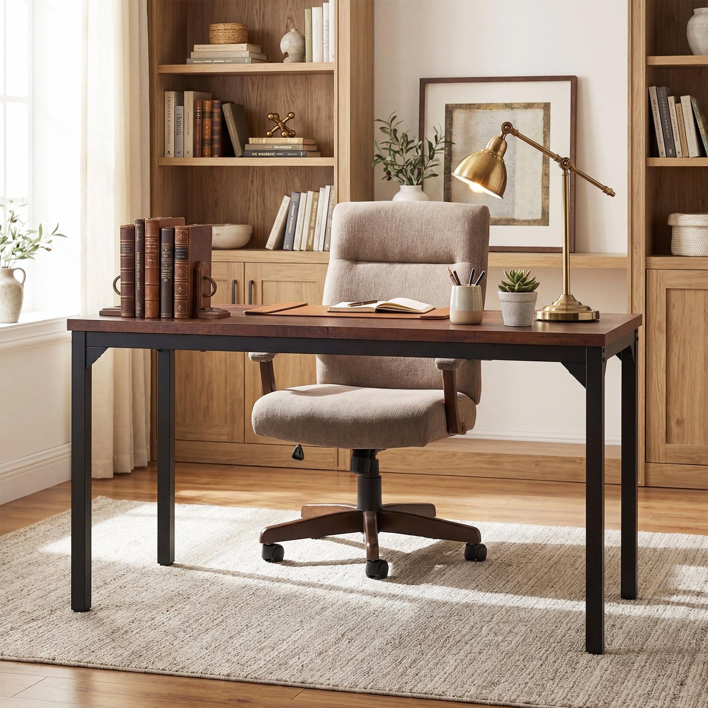 Giantex Conference Table, 55" L x 24" W Large Meeting Table, Rectangular Computer Desk with Strong Metal Frame for 4-6 People, Modern Seminar Table for Office Conference, Brown (1)