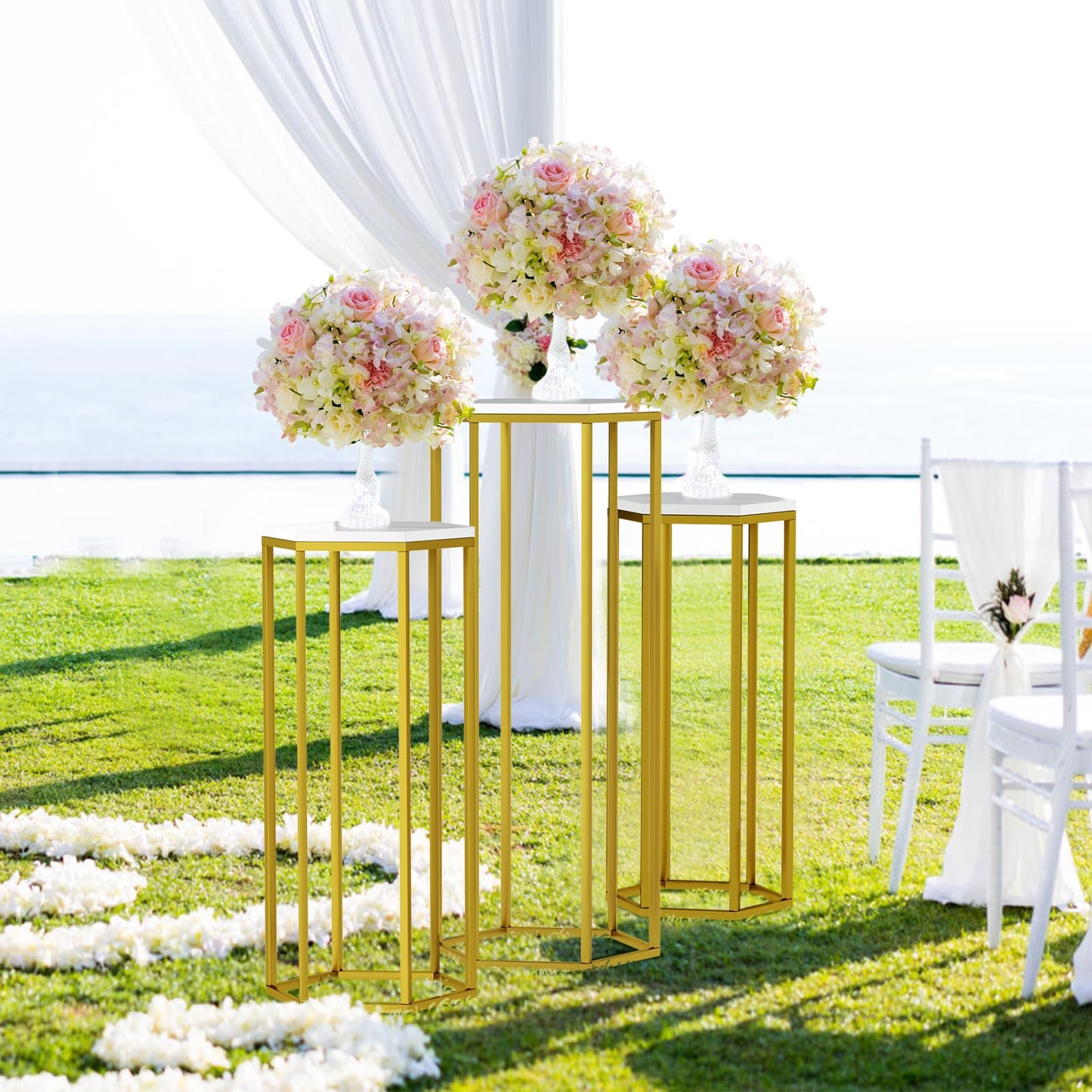 Urban Deco Cylinder Stands for Party, Set of 3 Gold Metal Hexagon Cake Pedestal Stand with Wooden Marbled Countertop, Flower Plant Pedestal Stands for Display Parties Wedding Birthday Decor, 3PCS, Gold