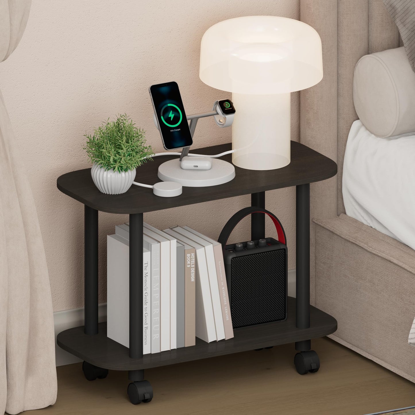 Furinno Turn-N-Tube Night Stand, 2-Tier Oval Nightstand with Wheels, Round Corner Side Table, End Table with Open Shelf, Toolless Assembly, for Living Room, Bedroom, Espresso