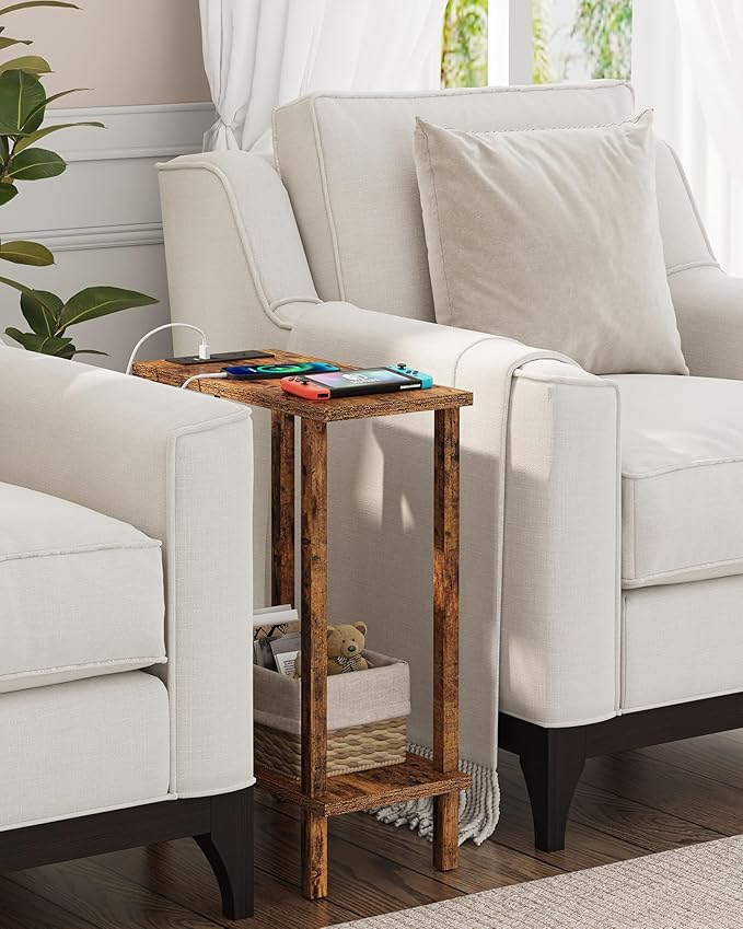 TUTOTAK Small End Table with Charging Station, Narrow Side Table with USB Ports
