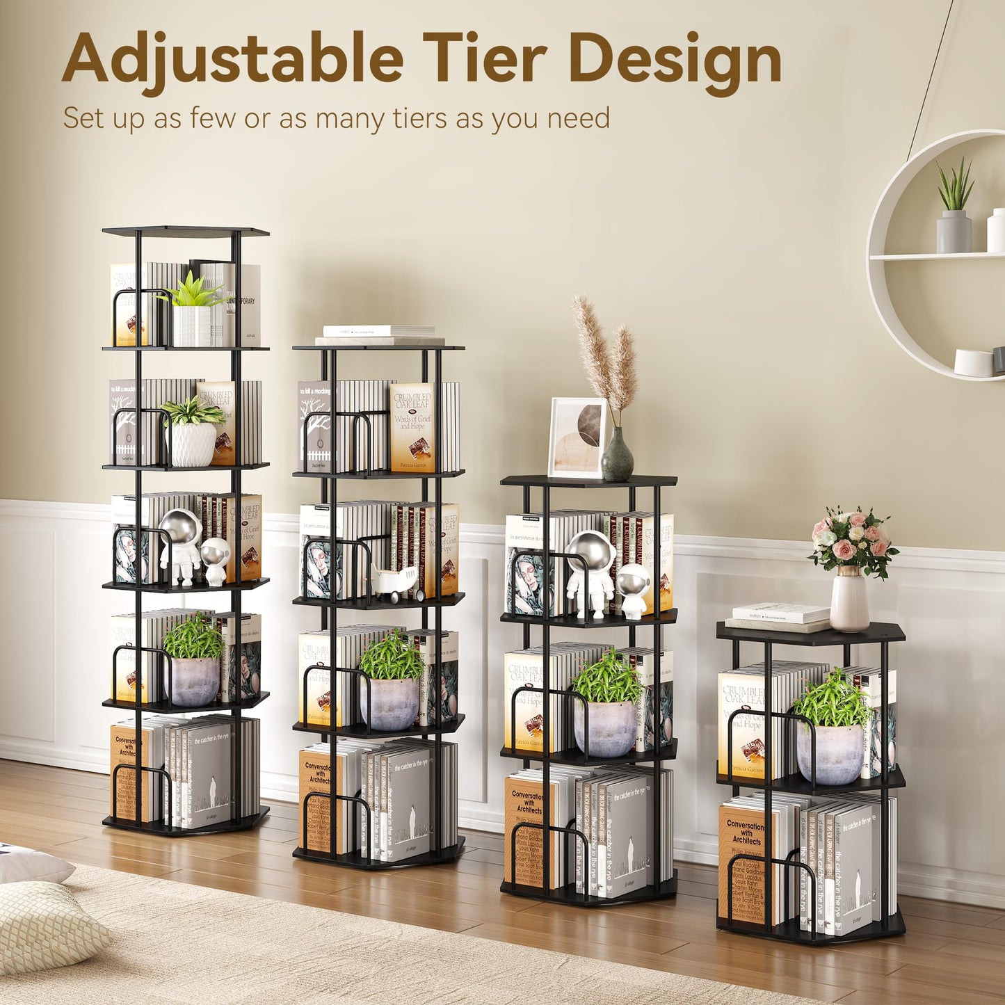 SUNMORY 5 Tier Rotating Bookshelf Tower, Revolving 360 ° Spinning Bookcase, Hexagonal Corner Book Shelf Storage Carousel, Vertical Rotate Turning Organizer Book Shelves for Living Room Office Bedroom