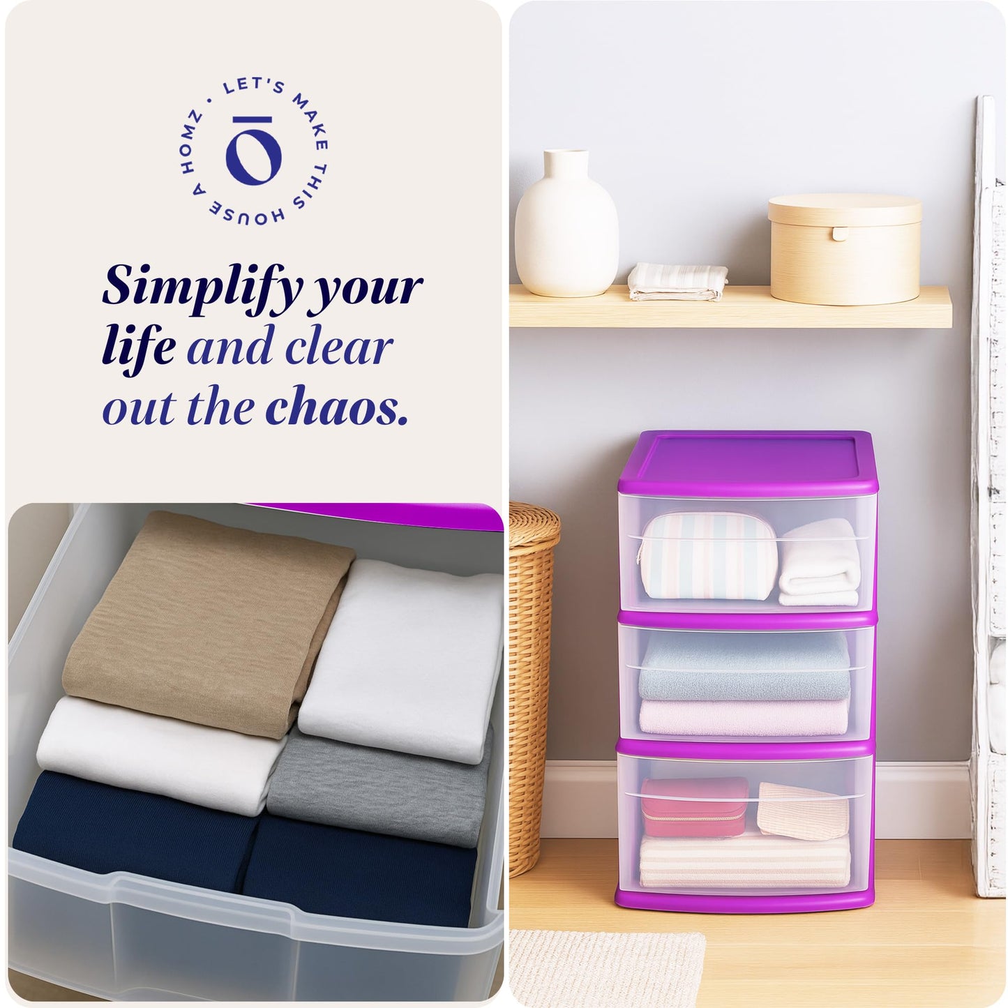 HOMZ Drawer Tower, 3-Tier Clear Plastic Storage Organizer Cart, Purple Frame - Rolling Drawer Containers with Wheels for Bathroom, Bedroom, Office, and Classroom Organization