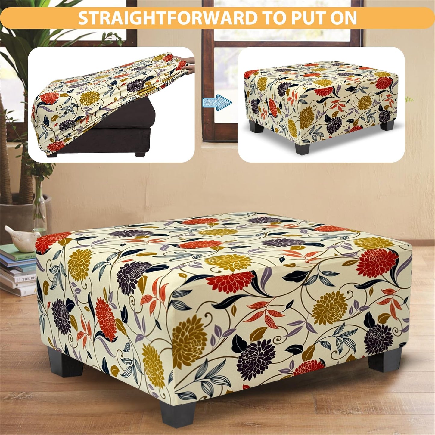 TOPHMDECOR Ottoman Cover Rectangle Printed,Stretch Footstool Slipcover with Elastic Bottom,Soft Fabric Protector for Rectangular Ottoman in Living Room or Bedroom,Medium,Flower B