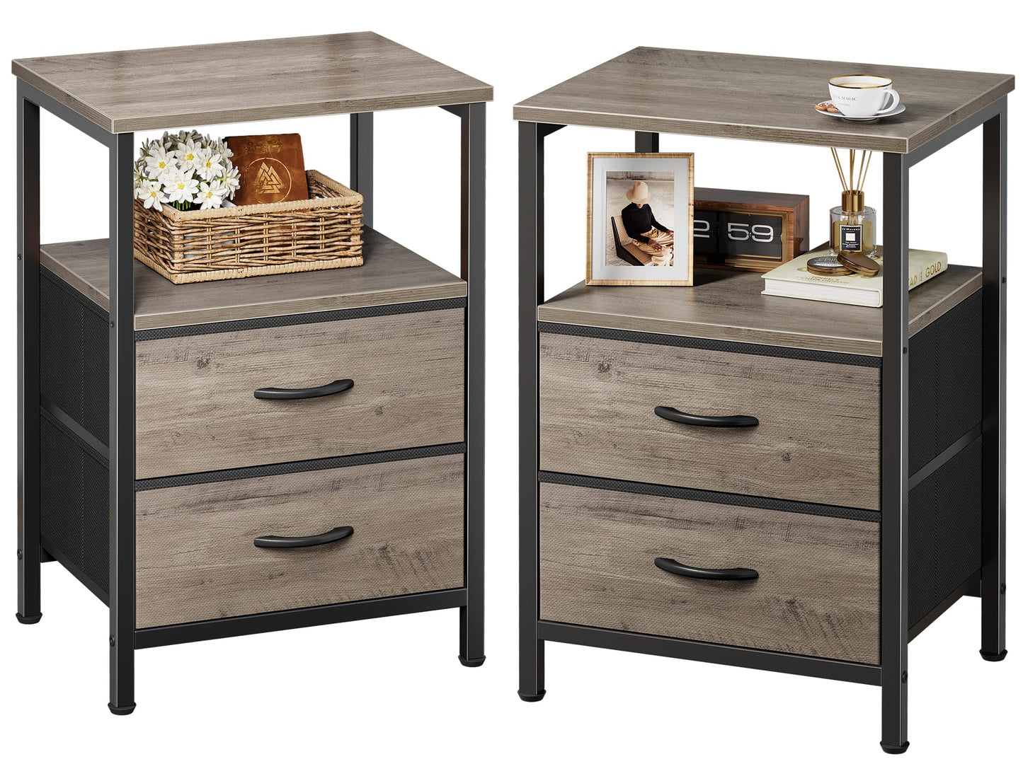 Huuger Night Stand Set of 2, Nightstand with 2 Drawers, Bed Side Table with Open Shelf, Wooden Top, End Table, Fabric Drawer with Oak Wooden Print Surface, for Bedroom