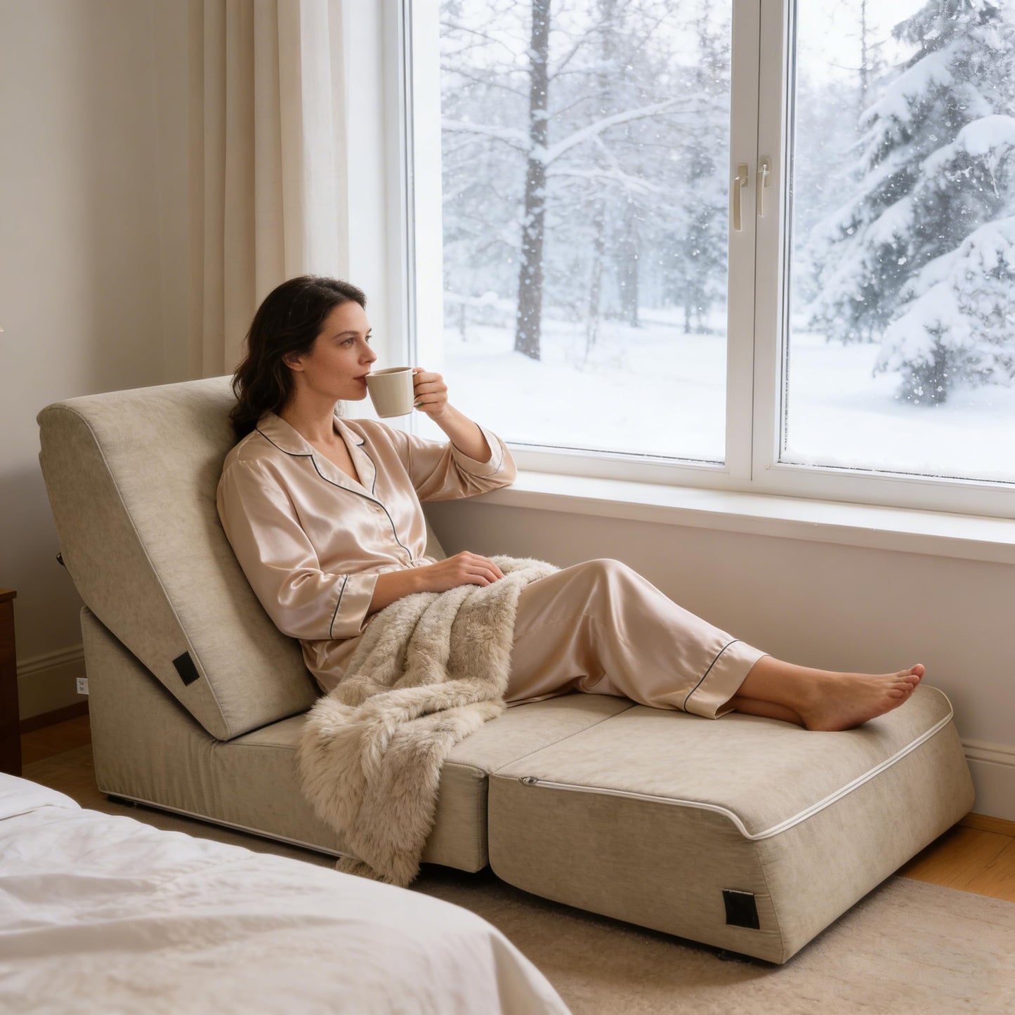 jela Luxury Corduroy Indoor Chaise Lounge, Foldable Sofa Bed Chair with Soft Foam & Machine Washable Cover (Corduroy Sand)