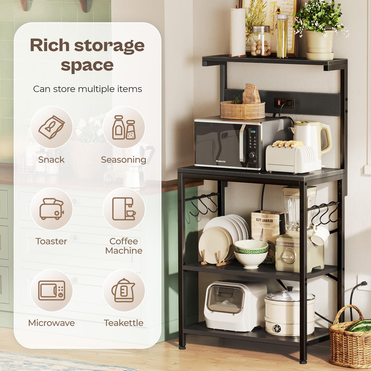 SUPERJARE Kitchen Bakers Rack with Power Outlet, Coffee Bar Table 4 Tiers, Kitchen Microwave Stand with 6 S-shaped Hooks, Storage Shelf Rack for Spices, Pots and Pans - Black