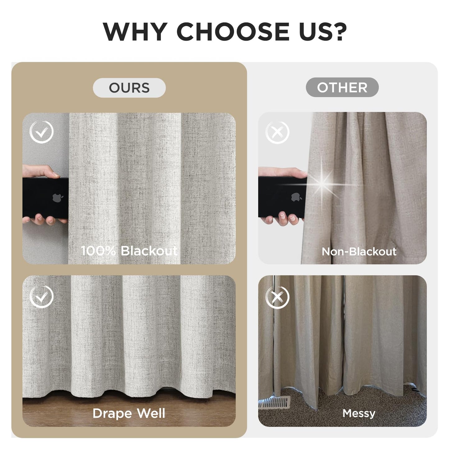 Joydeco Pinch Pleated Curtains - 100% Blackout for Bedroom, White Linen Curtains 40" W x 90" L, Thermal Insulated 2 Panels Light Blocking Drapes, Back Tabs for Living Room
